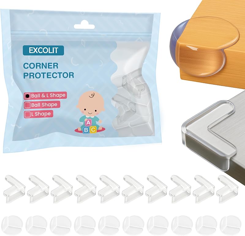 20 Pack L-Shape & Ball Corner Protectors for Baby, Clear | Includes 10 L-shaped & 10 ball corner protectors with strong adhesive to help baby proof tables, desks & furniture