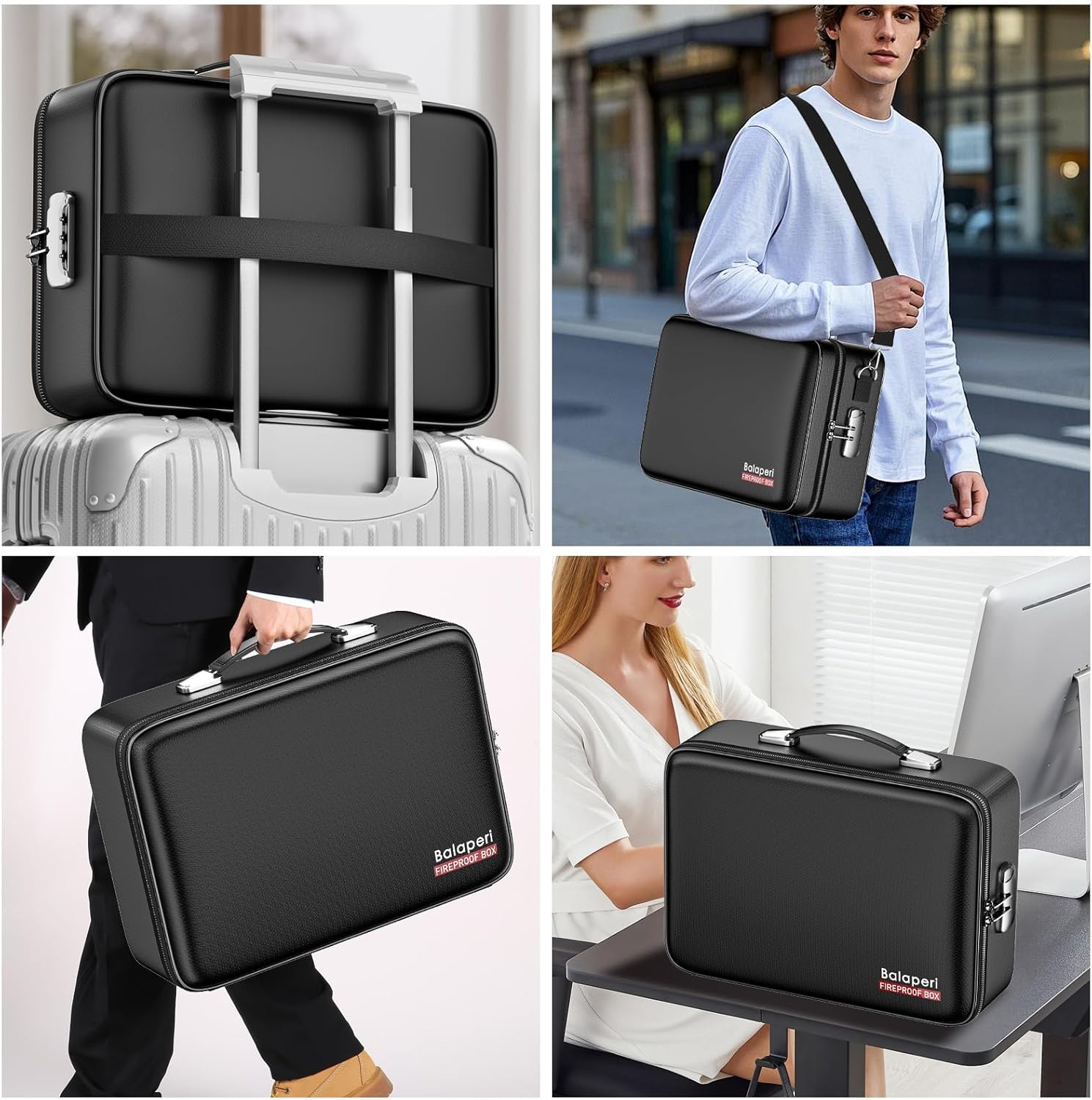 BALAPERI Fireproof Document Box with Fireproof Zipper,File Organizer Hard Case with Lock,Portable Document Safe for Important Document Laptop Valuables(Black,15.8"x5.9"x12.6")