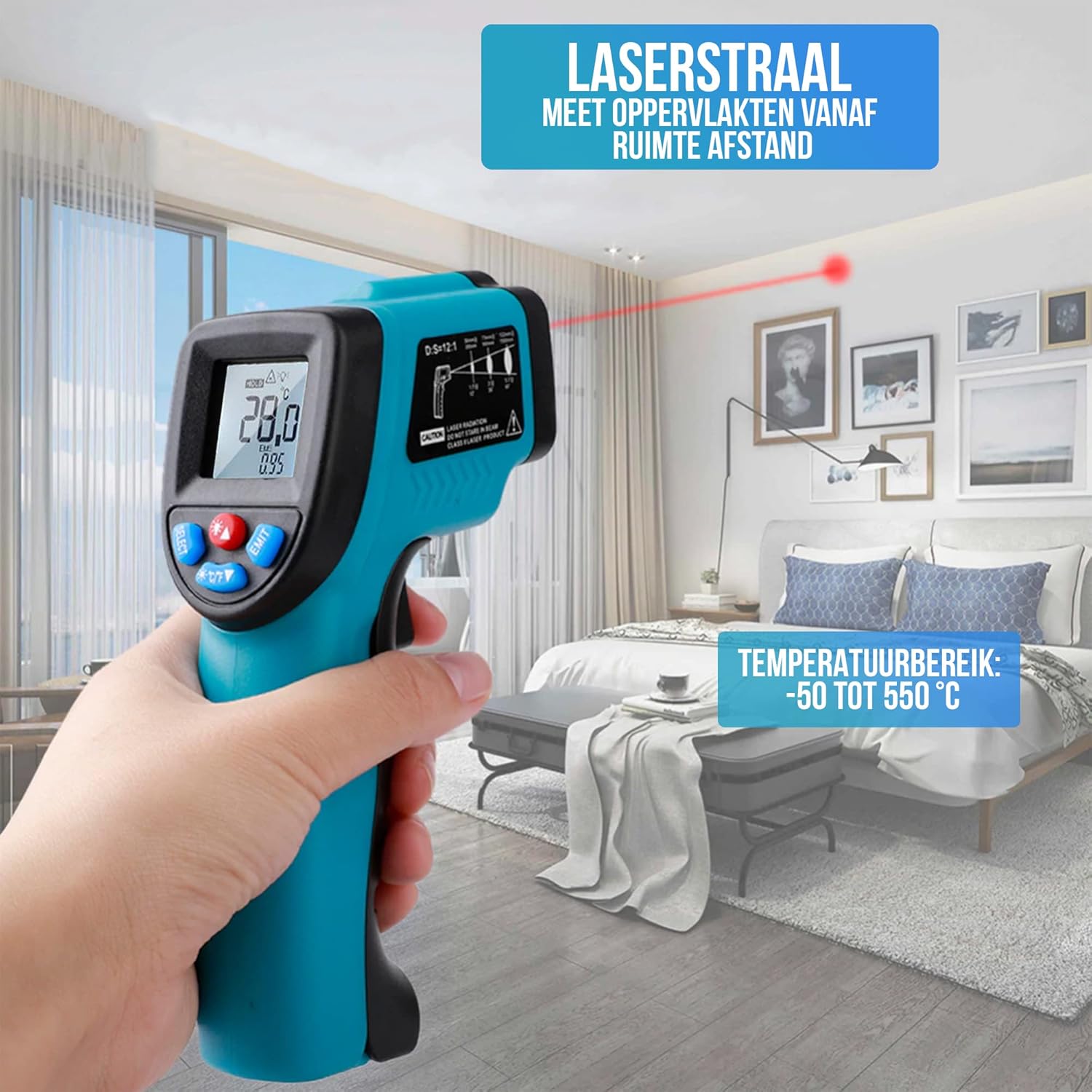 Person using Strex Infrared Thermometer to measure temperature in a room