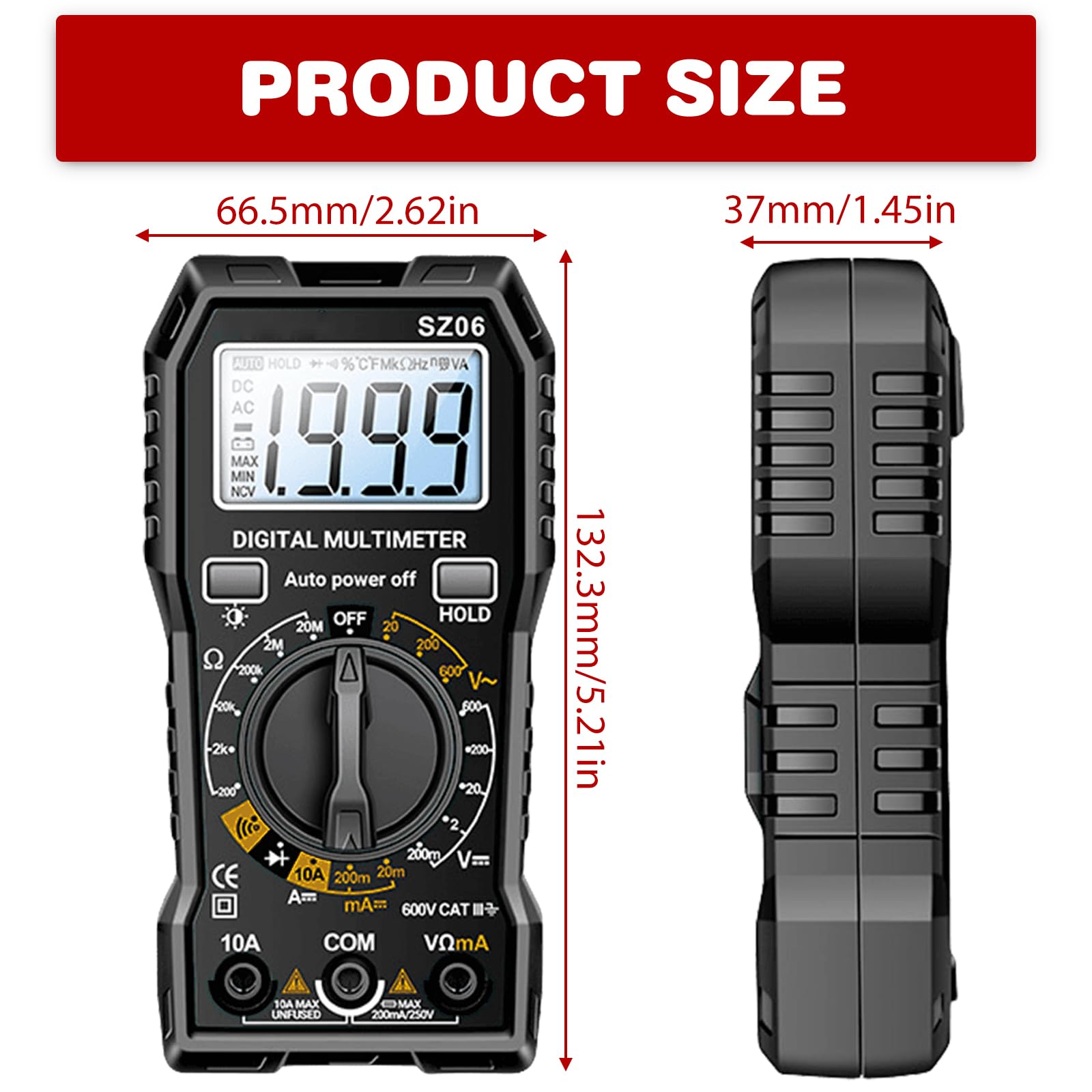 Multimetro digitale, tester di tensione 600 V, voltmetro, tester di continuità, tensione, misuratore di corrente con linee di misurazione per tensione AC/DC, corrente DC, passaggio, resistenza, diodo