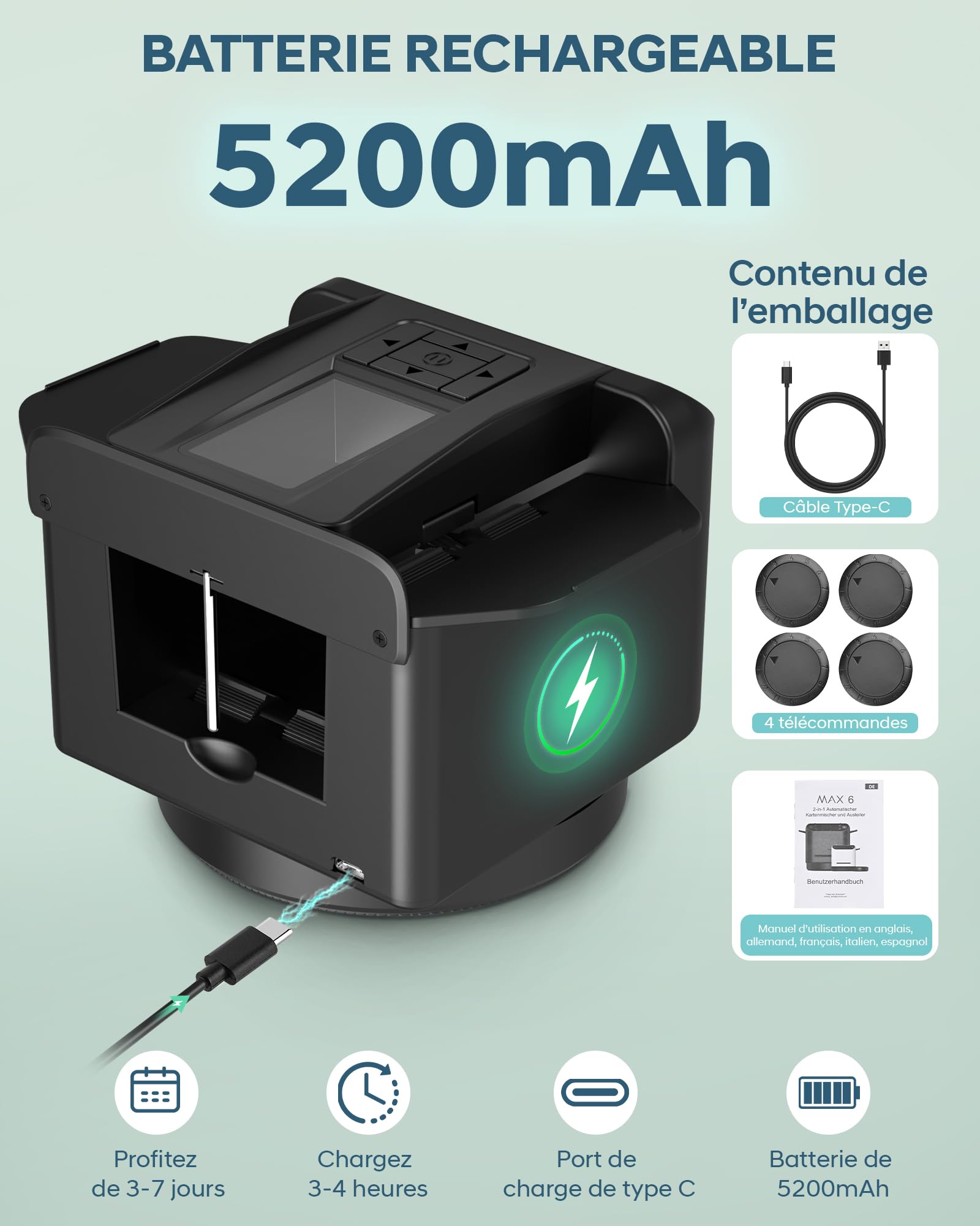 Mélangeur et Distributeur de Cartes Automatique – Rotation 360° pour 1–2 Jeux, 2–12 Joueurs avec 4 Télécommandes | Modes de Jeu Intégrés, Rechargeable & Silencieux pour Poker, UNO, Phase 10 (Noir)