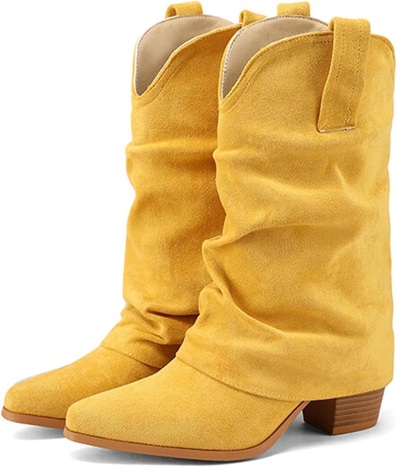 Alsoloveu Women's Fold Over Boots Mid Calf Slouchy Boots Pointed Toe Chunky Heel Western Cowboy Boot Pull On Stacked Cowgirl Booties