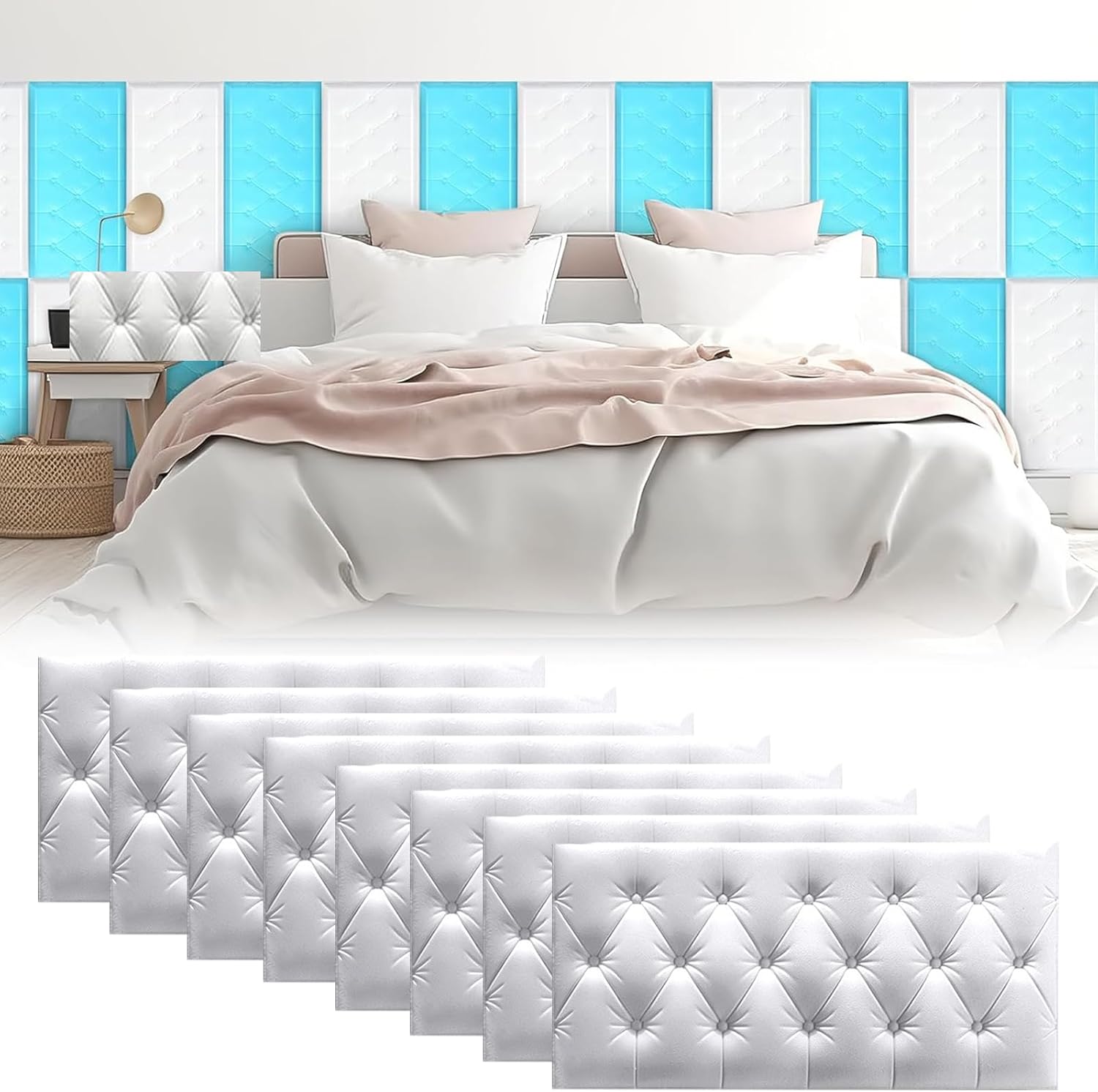 Peel and Stick Headboard Padded, 8 Pack 3D Anti-Collision Wall Padding, Upholstered Padded Wall Panels for Bedroom Playroom Wall Protection