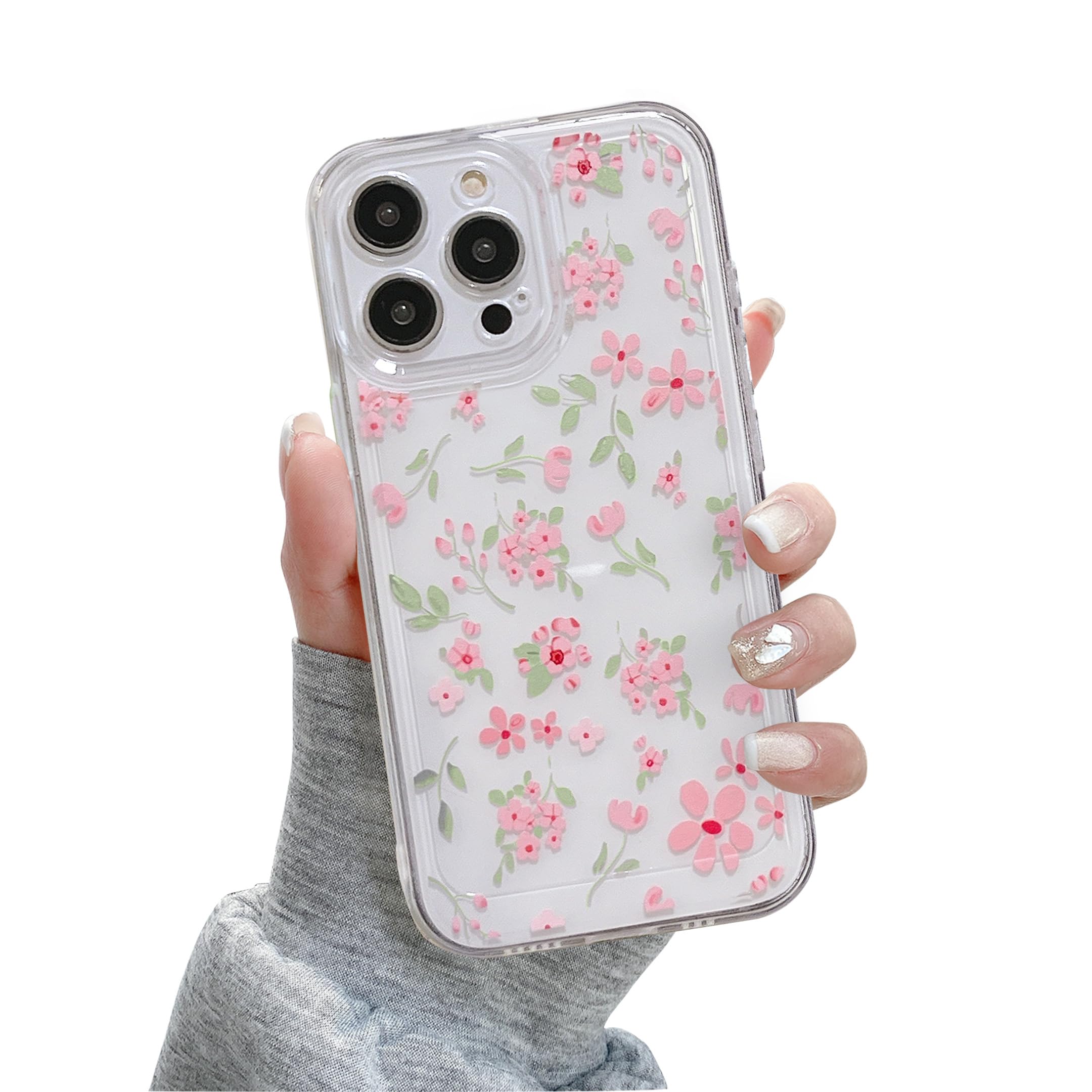 QLTYPRI for iPhone 14 Case, Cute Pink Floral Flower Pattern Aesthetic Phone Case, Raised Camera Protection Soft Slim TPU Shockproof Protective Phone