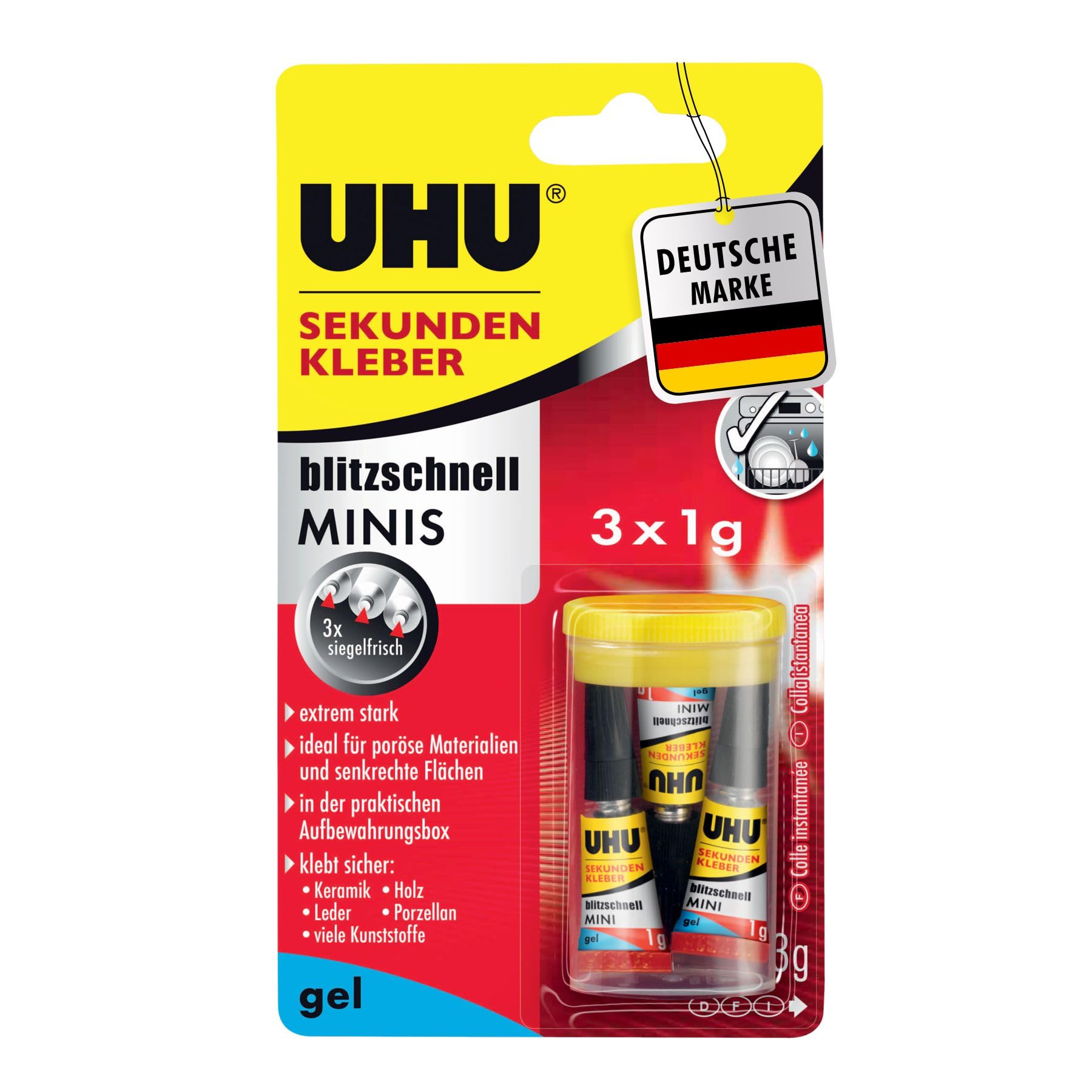 UHU Sekundenkleber extra stark | 3x1g Kleber Tuben mit Aufbewahrungsbox | Sekundenkleber Gel für Kunststoff, Metall, Holz, Keramik, Porzellankleber | Superkleber & Kunststoffkleber