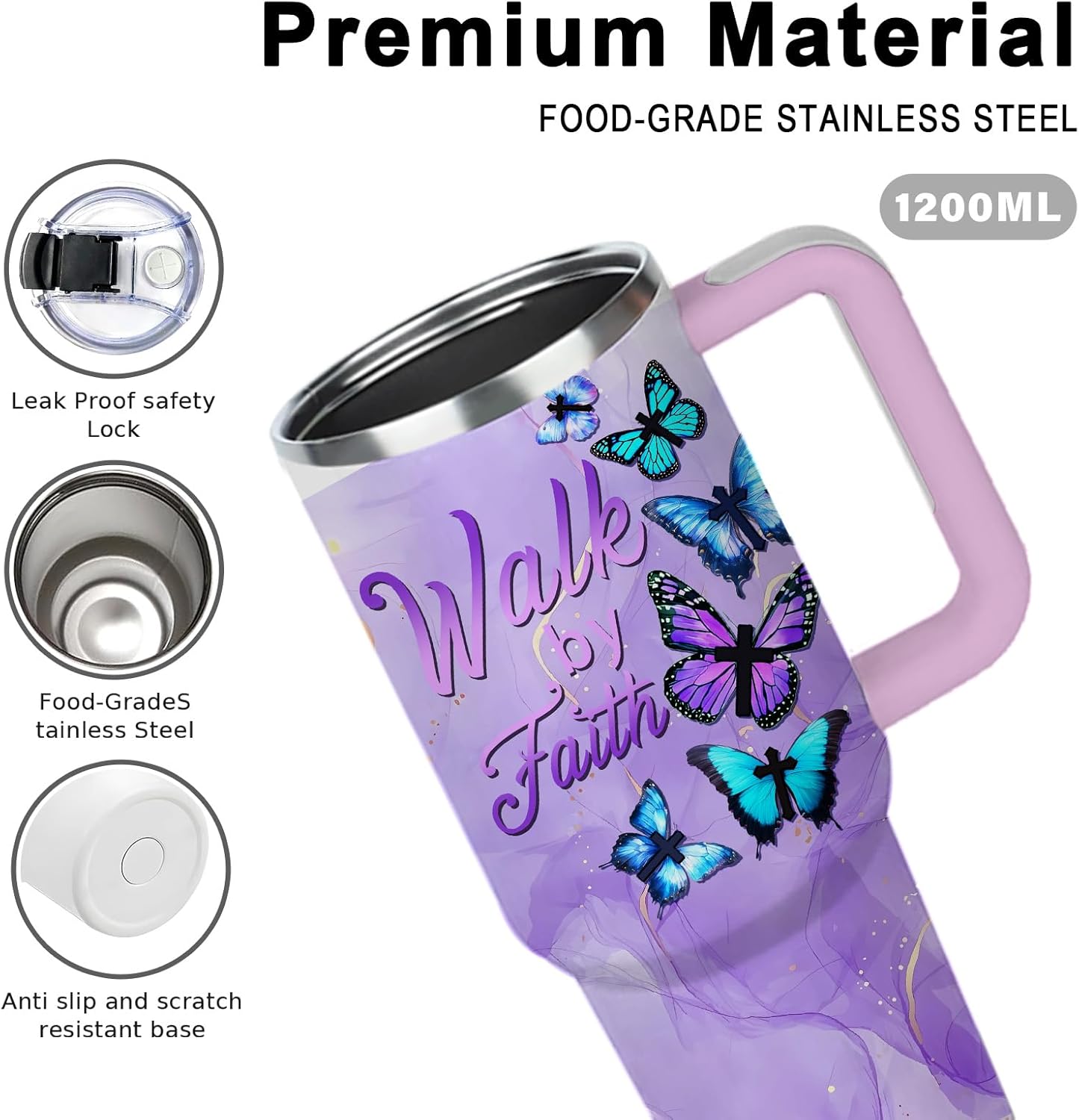 Butterfly 40oz Tumbler with Handle and Straw Lid Stainless Steel Insulated Coffee Travel Mug Cup Keeps Drinks Cold & Hot, Christian Gifts for Butterfly Women Birthday - Image 7