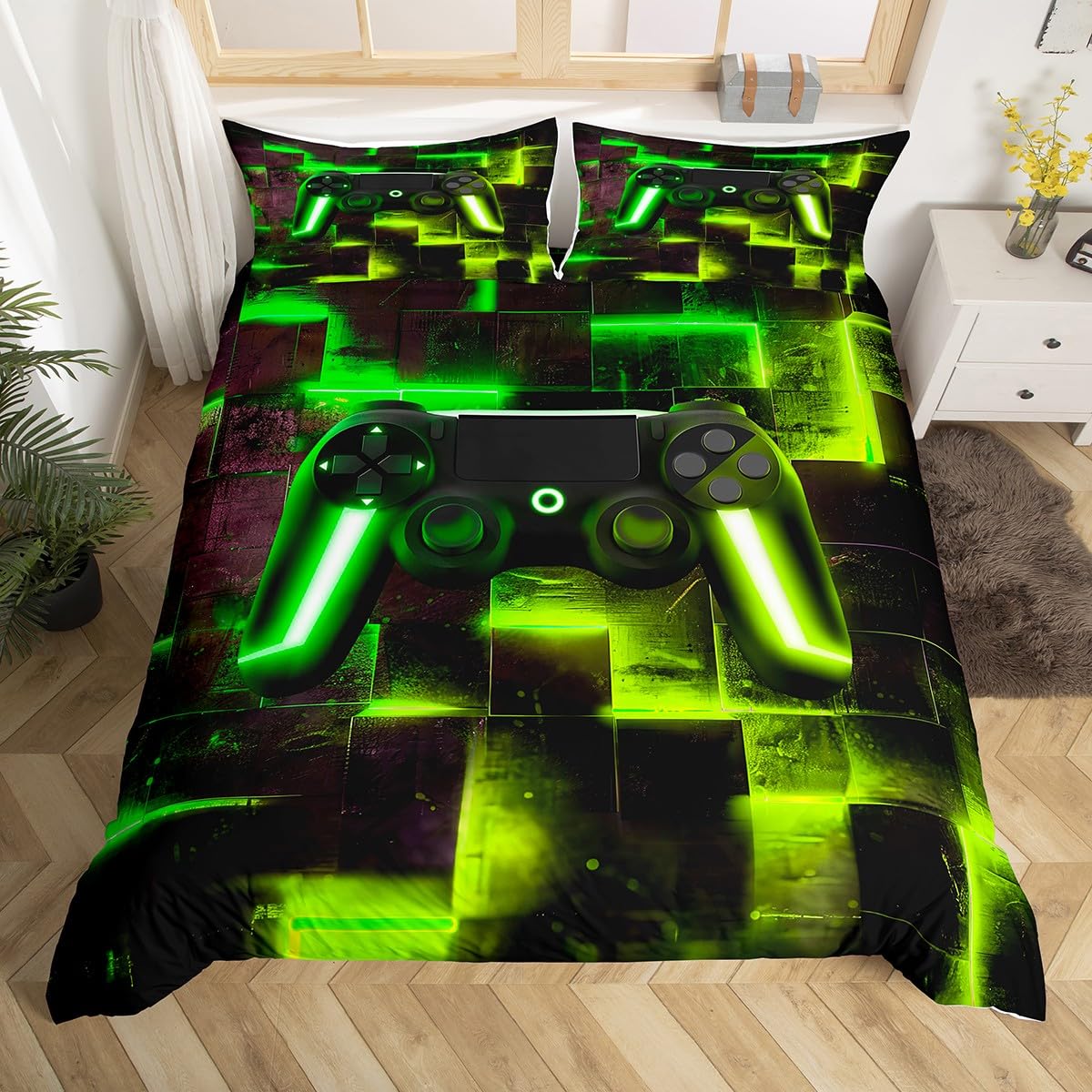 Gaming Video Game Bed Set for Boys Youth Modern Gradient Buffalo Duvet Cover, Gamepad Gamer King Bedding Sets Contemporary Ombre Futuristic Cubes Comforter Cover, Black Green Yellow Bed Cover
