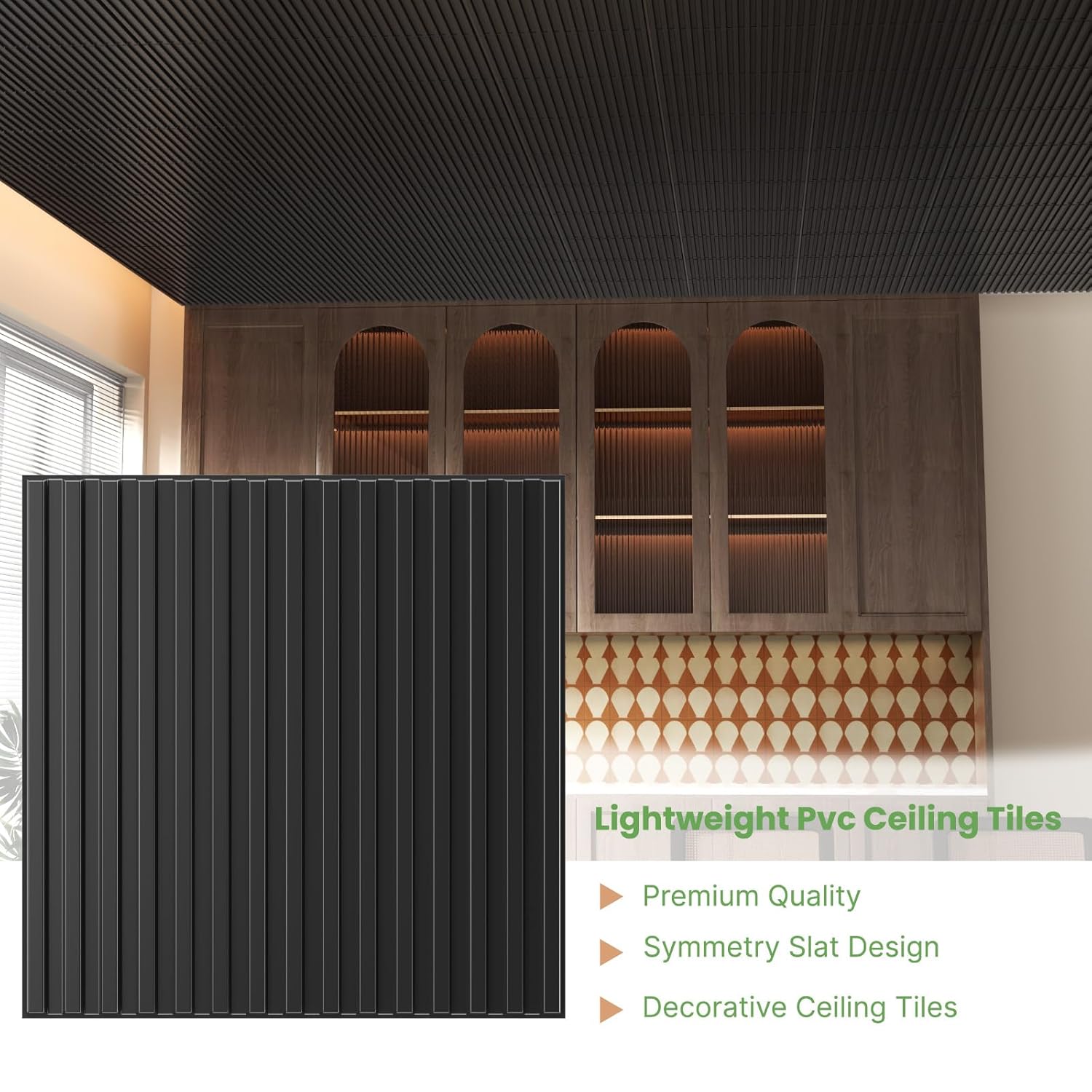 24 PCS 24x24 Inch Slat Black Ceiling Tiles, 2x2 Ft Fluted Drop Ceiling Panels for Interior Decor PVC Waterproof Ideal for Bathroom Living Room Bedroom Office Commercial Spaces Cover 96 Sq.Ft