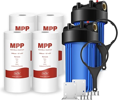 SimPure Carcasa de filtro de agua para toda la casa (2 juegos) y filtro de agua de sedimentos de 5 micrones de 10 x 4.5 pulgadas (paquete de 4)