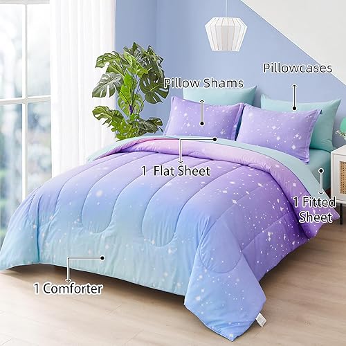 Miniatura 2 de Drucon Juego de edredón arcoíris para niñas, 7 piezas de cama en una bolsa, tamaño Queen, juego de ropa de cama de microfibra ultrasuave (1 edredón,