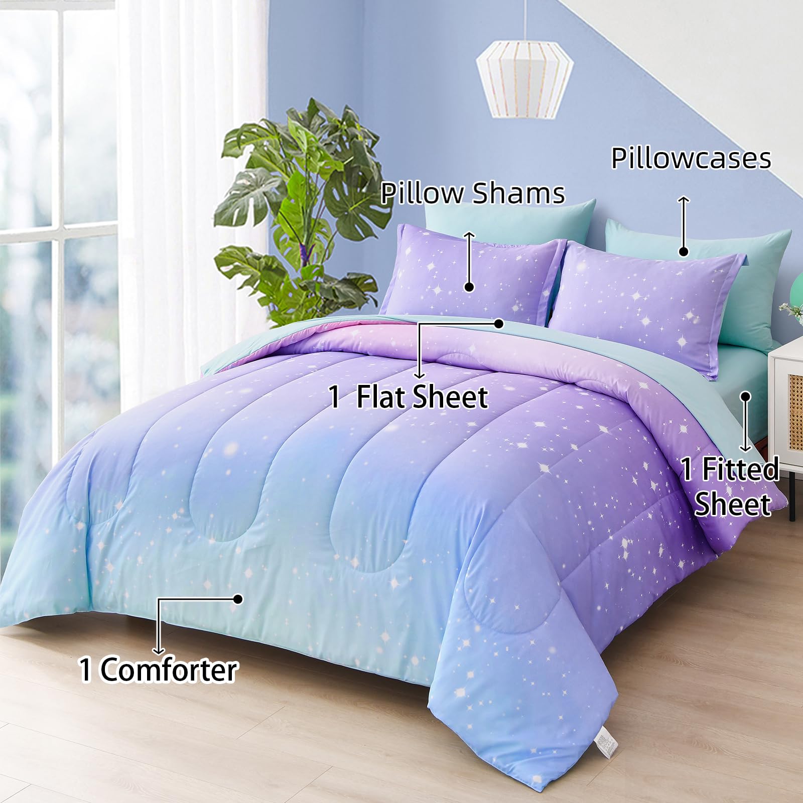 Drucon Rainbow Kids Comforter Set for Girls,6 Pieces Bed in a Bag Twin Size, Ultra Soft Microfiber Bedding Set(1 Comforter, 1 Flat Sheet, 1 Fitted Sheet, 1 Pillow sham, 2 Pillowcases)