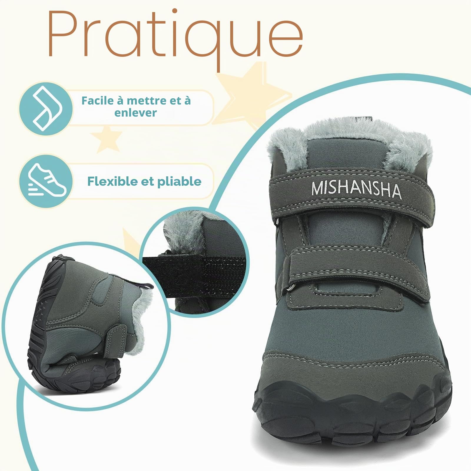 Mishansha Enfants Barefoot Chaussures de Hiver Garçons Bottes de Neige Filles Bottines Chaudes Trekking Antidérapant Gr.25-36 EU