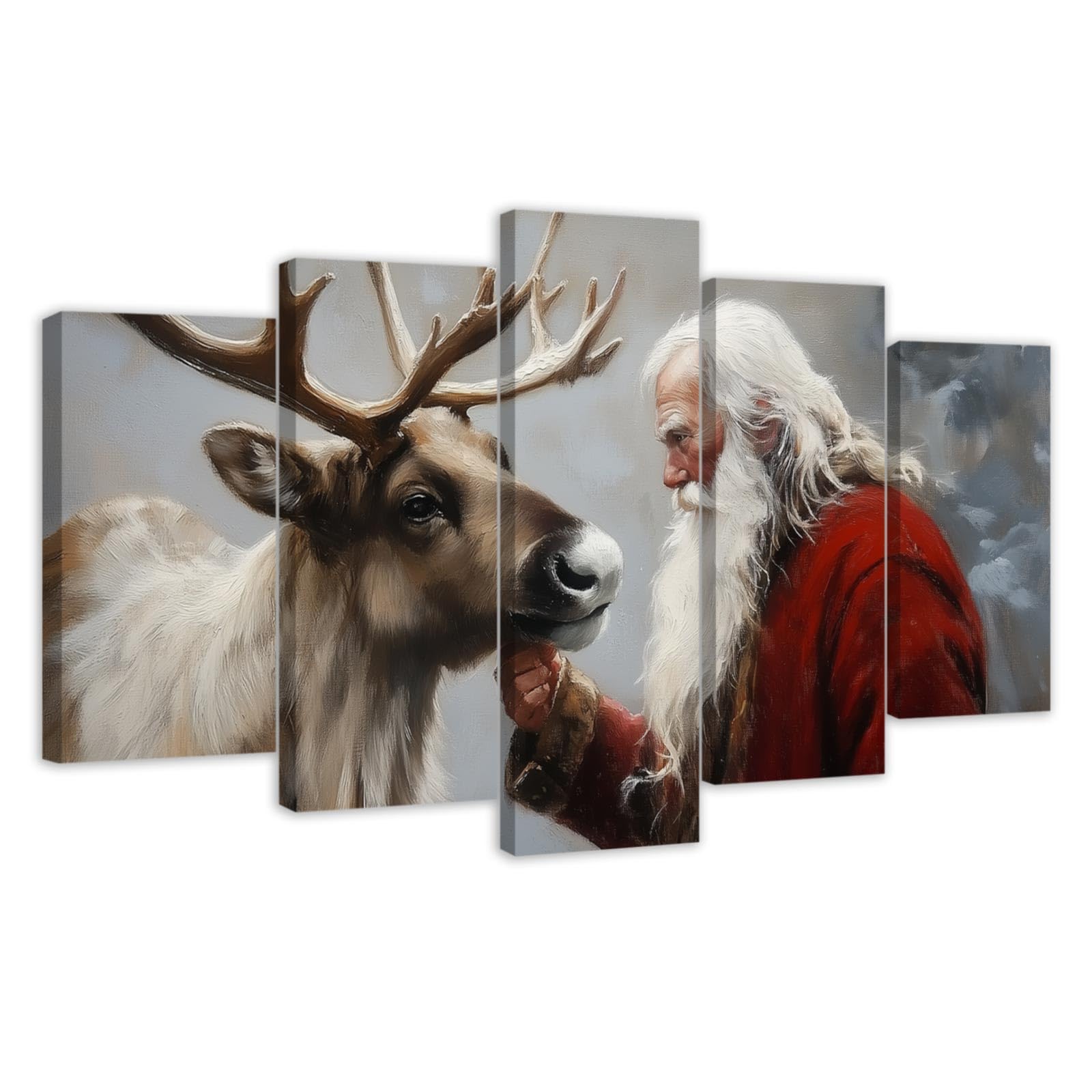 ZXHYWYM 5 Panel Christmas Wall Art Large Xmas Canvas Pictures Santa Claus and Reindeer Painting Winter Scenes Prints Holiday Home Wall Decor Framed (Red, (20x35cmx2 20x45cmx2 20x55cmx1))