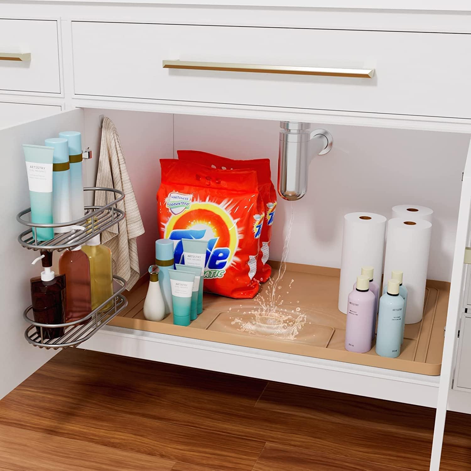 SKDKYCCO Under Sink Mat for Kitchen, 34'' x 21'' Silicone Under the Sink Mat, Water Proof Under Kitchen Bathroom Cabinet Sink Mat and Protector for Drips Leaks Spills, Brown