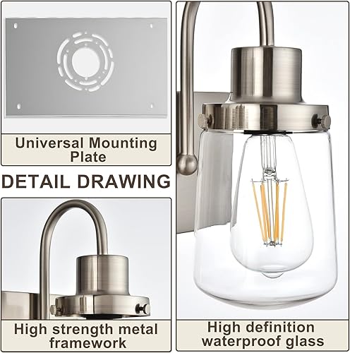 Miniatura 8 de YAOHONG Lámparas de tocador de baño en níquel satinado, 6 luces de tocador de granja con pantallas de vidrio transparente, accesorios de iluminación