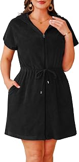 Womens Terry Cloth Cover Up Hooded Swim Cover with Zipper and Pocket | Soft Cotton Fabric, High Stretch,Adjustable Waisted Drawstring,Pad-free Front,Drop Short Sleeves,Side-Slit Hem