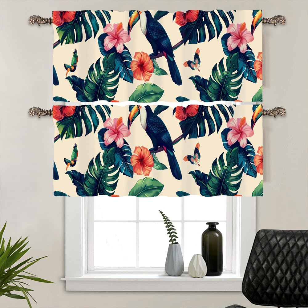 2 Panels Colorful Parrot Floral Curtain Valance for Windows, Rustic Palm Leaf Bird Rod Pocket Short Window Treatment Decor Drapes for Kitchen, Bathroom, 54" X 18"