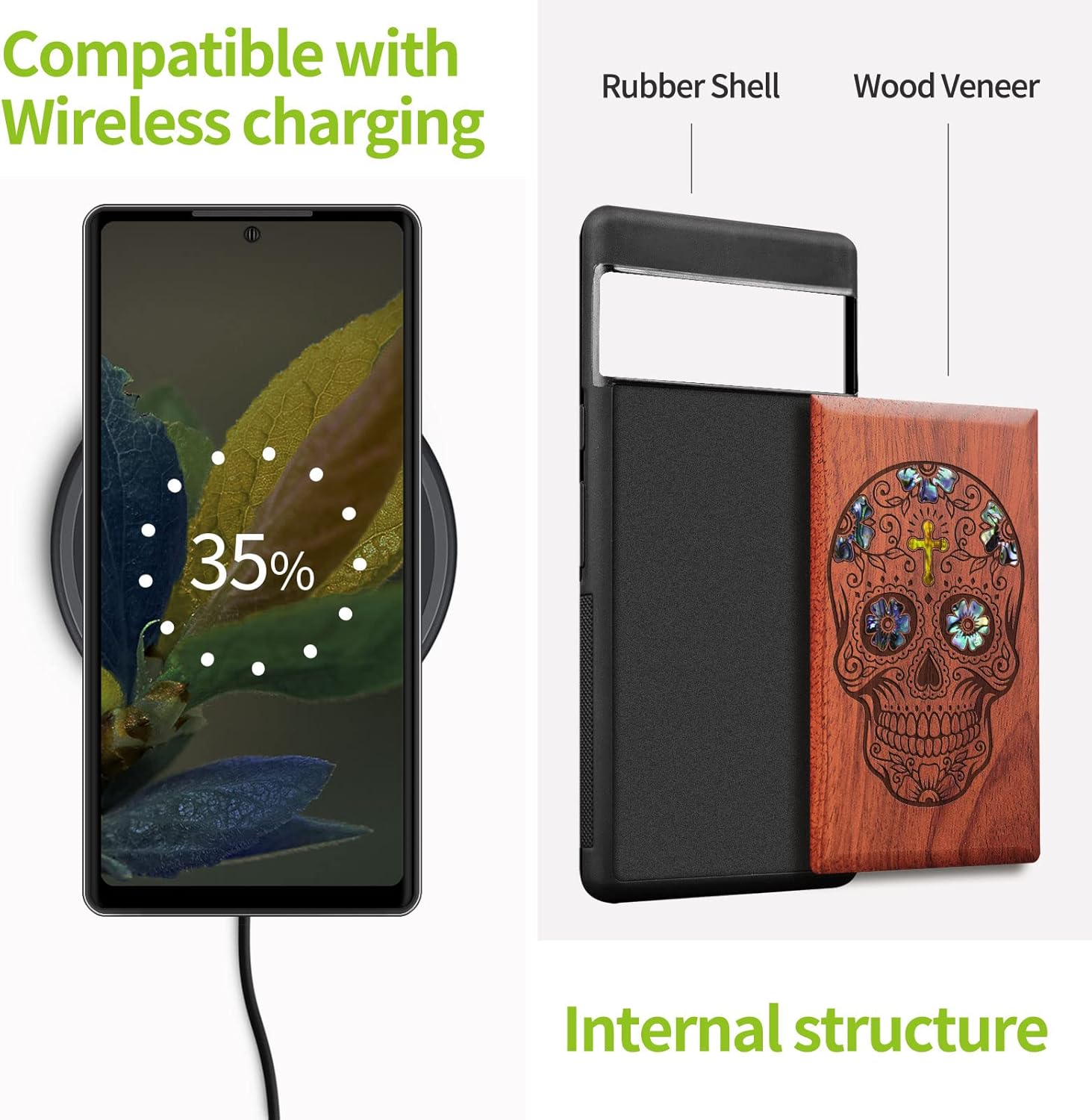 Carveit Designer Wooden Case for Google Pixel 7 Case Protective Cover [Wood Engraving & Shell Inlay] Compatible with Wireless Chargers Pixel 7 (Sugar Skull-Rosy)