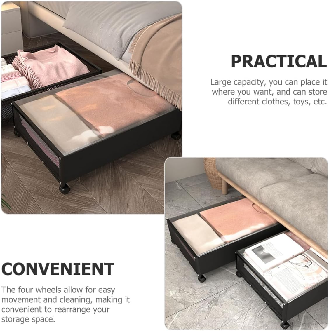 Under Bed Storage Organizer with Wheels Multifunctional Storage Box for Clothes Books Space-saving Rolling Container for Dorm Nursery Laundry Bathroom Black Transparent Cover
