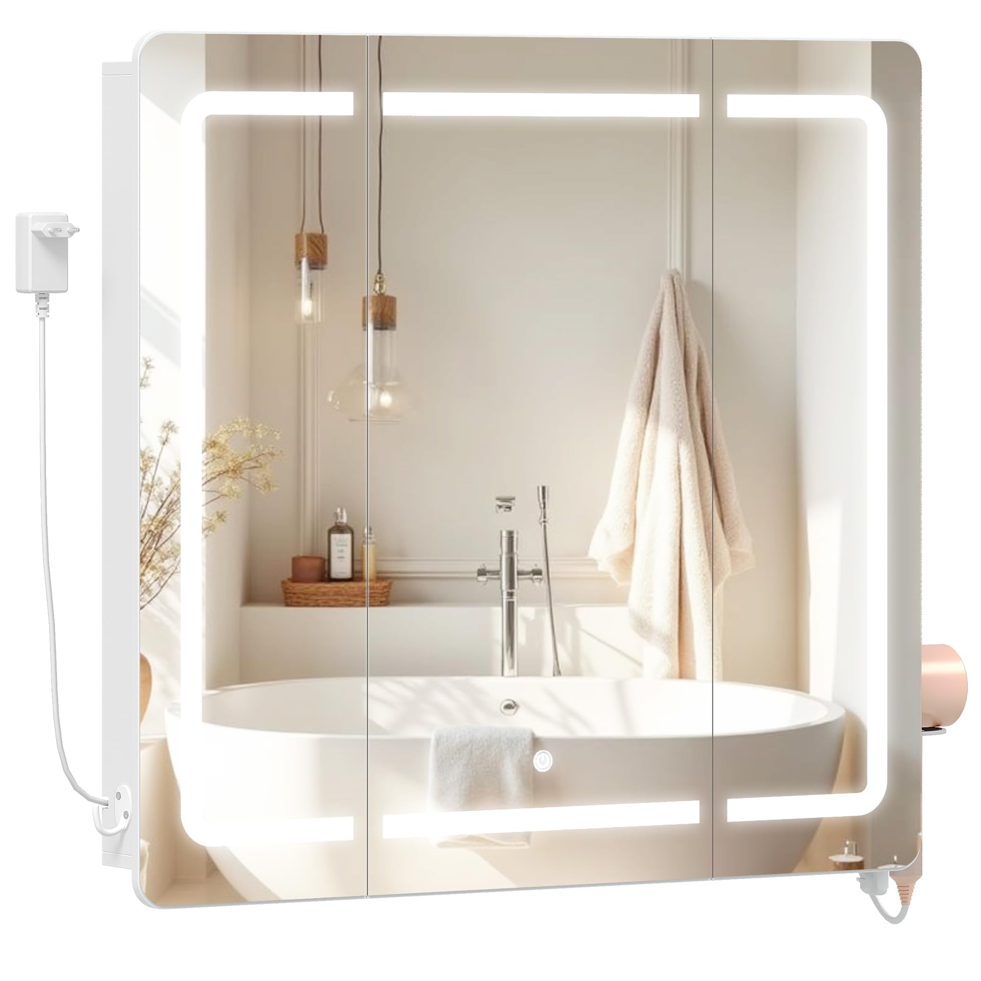 Hzuaneri Szafka z lustrem z oświetleniem, 3 kolory światła, łazienkowe z LED-lustrem, sterowanie ekranem dotykowym 16,5 x 75 x 80 cm biała MC30003XEU