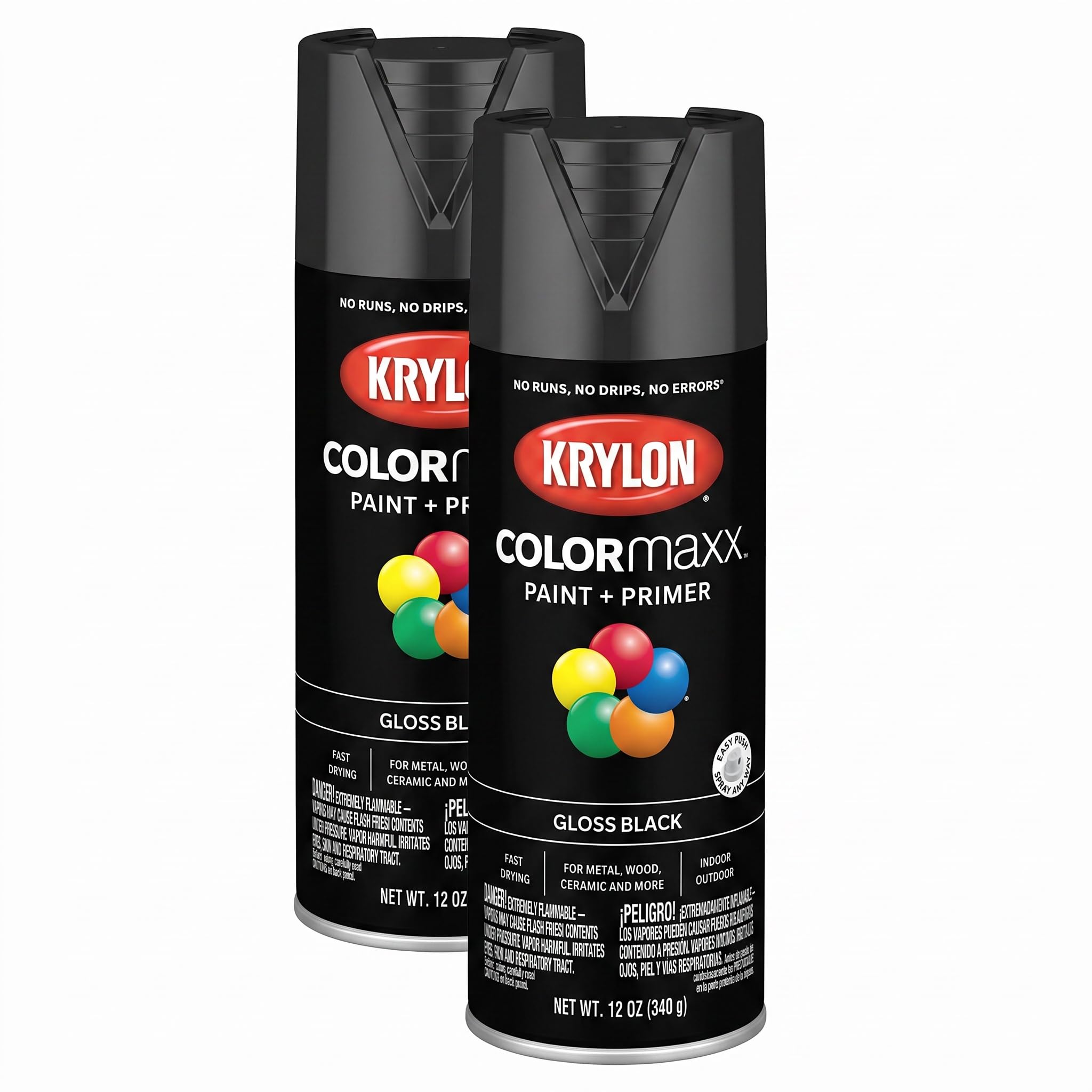 Krylon K05505007 COLORmaxx Spray Paint and Primer for Indoor/Outdoor Use, Gloss Black 12 Ounce (Pack of 2)
