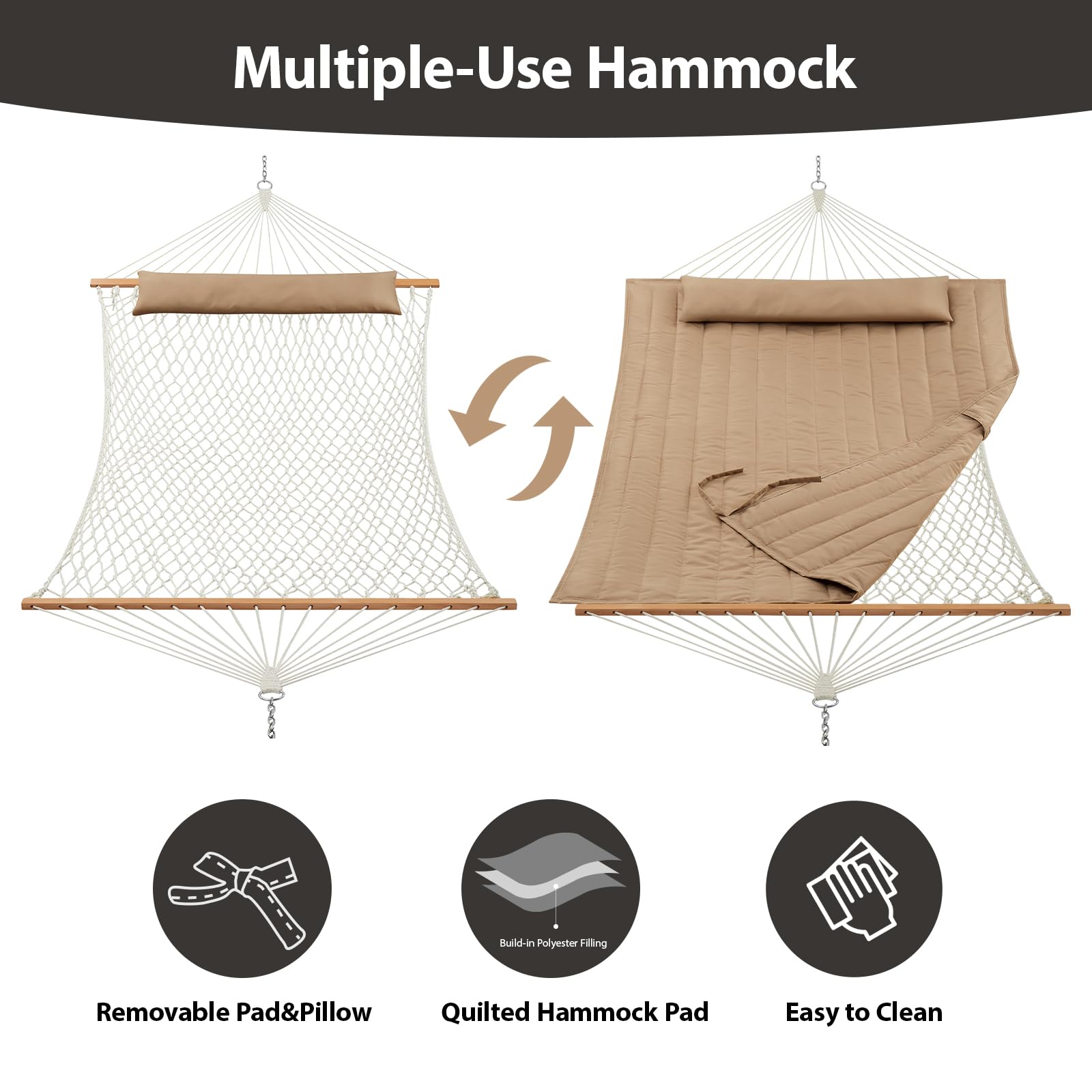 Hamaca doble para exteriores con barras separadoras de madera dura, hamaca de cuerda grande con almohadilla de poliéster y almohada, capacidad de 475 libras para 2 personas, patio, patio 3
