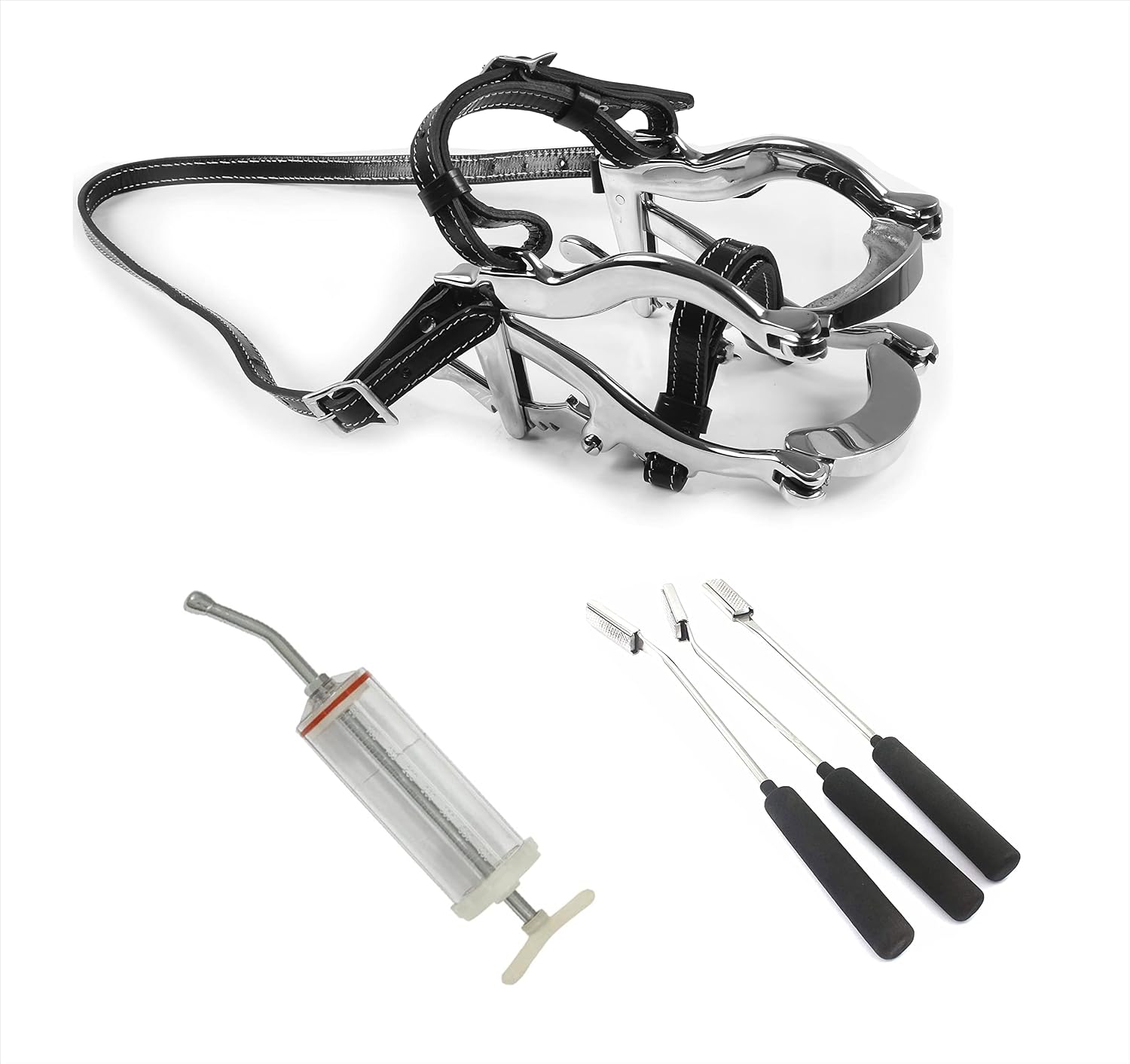 Equine Dental Speculum 6 Ratchet with Dental Float Rasp and 400mL Plastic Dose Syringe – Professional Horse Dental Care Kit for Floating, Rasping, Teeth Maintenance, and Medication Administration