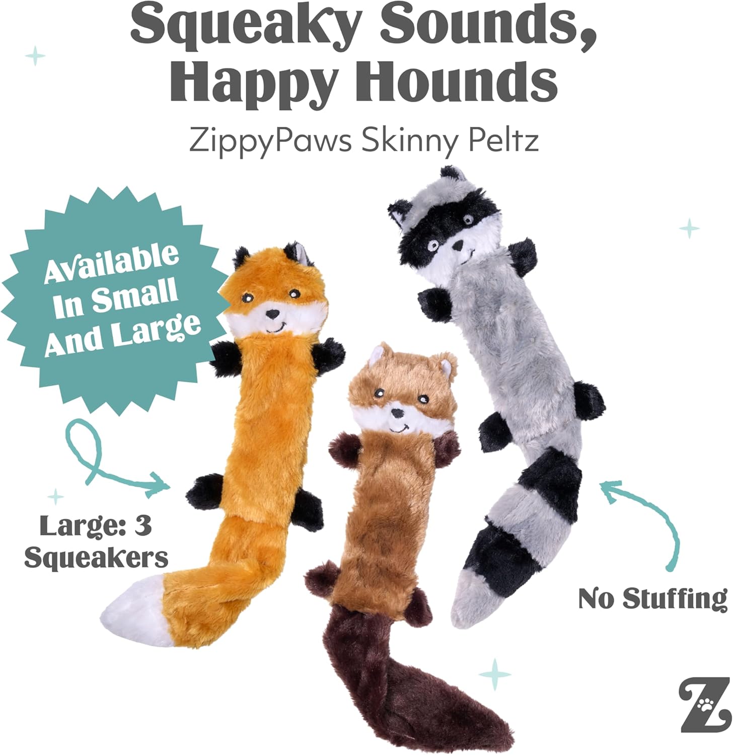 ZippyPaws Skinny Peltz no stuffing squeaky plush dog toys 3-pack