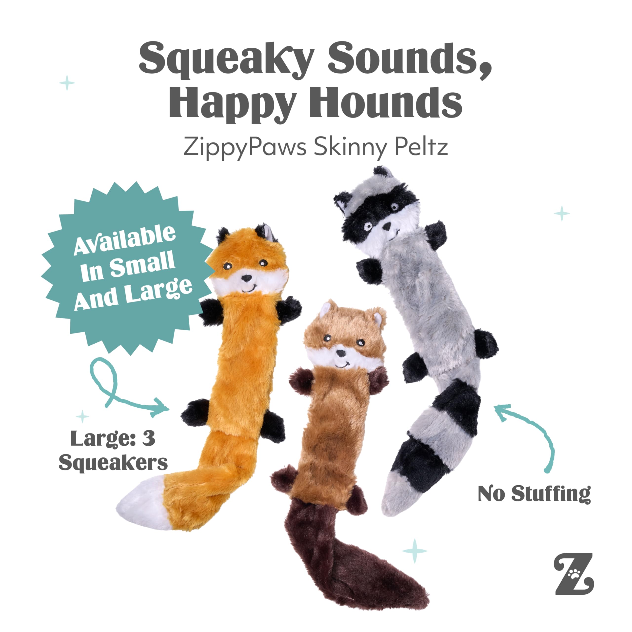 ZippyPaws - Skinny Peltz No Stuffing piszcząca pluszowa zabawka dla psa, lis, szop i wiewiórka - L