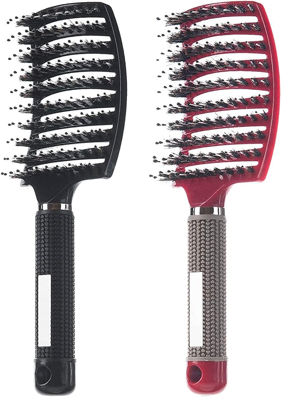 Hair Brush, Curved and Vented Detangling Hair Brush for Long, Thick, Thin, Curly Tangled, Wet Dry Hair Detangler, Women, Men, Comb Barber Hairdressing Styling Tools 2 Pack (Black, Red)
