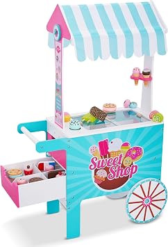 Lil Jumbl Wooden Sweet Treats Playset, Kids Play Pretend Dessert Stand Push Cart w/ 20+ Ice Cream Cone, Popsicle & Cupcake Accessories, Food Displays, Awning, Freezer, Storage Drawers, Clock & Menus