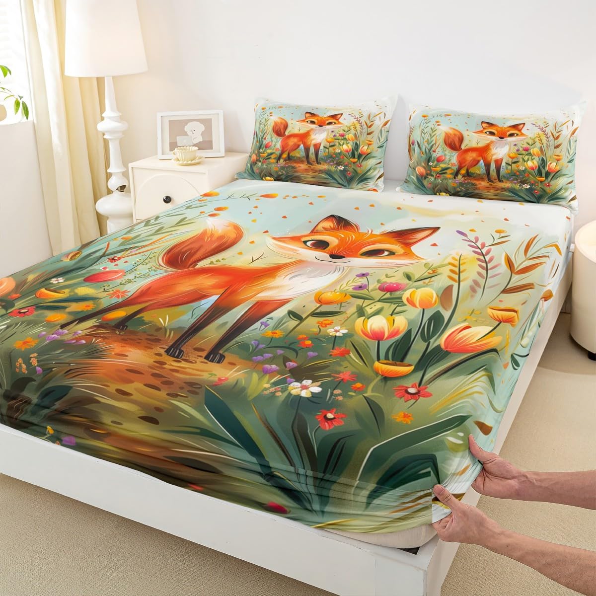 Watercolor Flowers Bedding Set Full Size,Cute Animals Fitted Sheet No Top Sheet,Cartoon Fox Sheet Set for Kids Teens Adults Bedroom Decor,2 Pillowcases