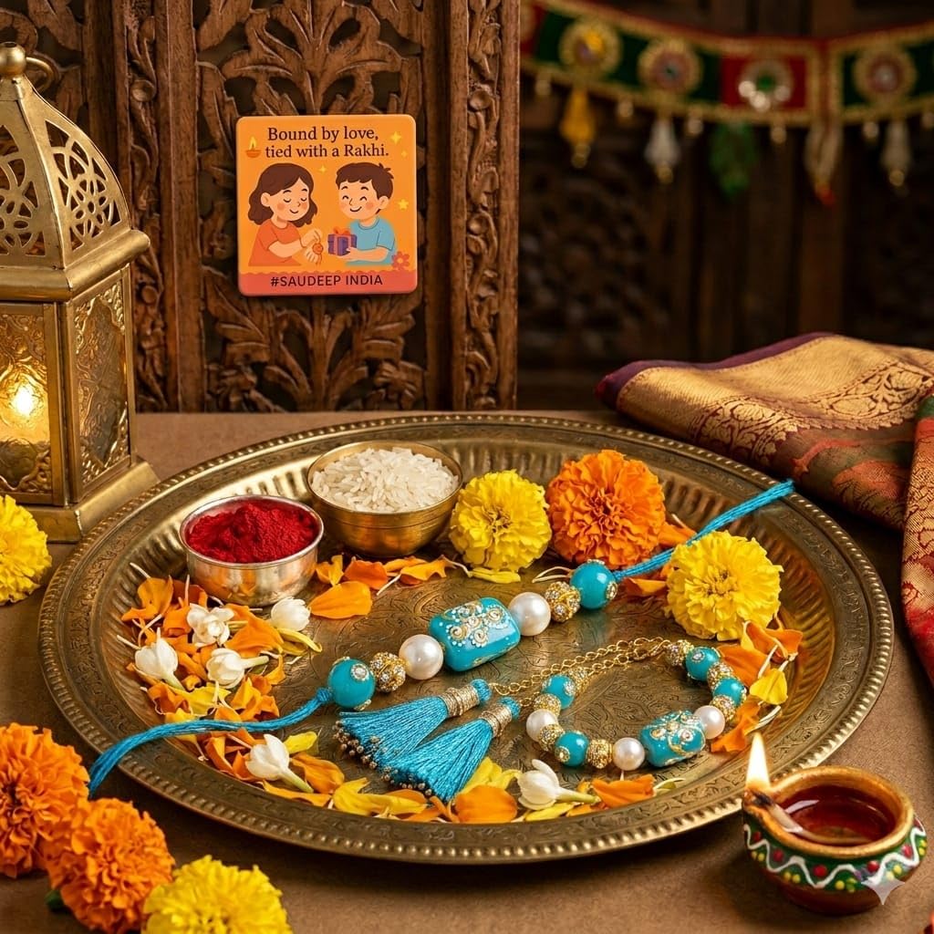 SAUDEEP INDIA Decorative Fridge Magnet for Refrigerator Decor | Blue Stone Lumba Rakhi Set for Bhaiya Bhabhi with Rakhi for Brother | Raksha Bandhan Gift Combo | Festive Home Decor(Couple Rakhi)