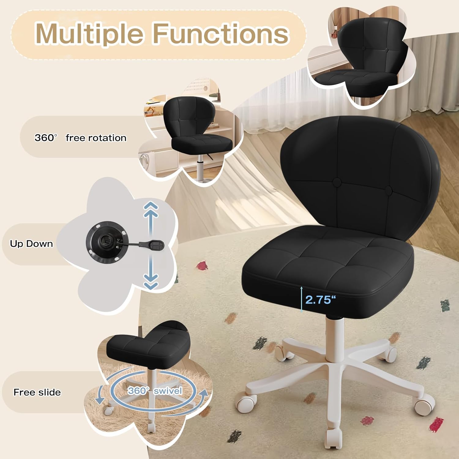 Vanity Chair with Back – Small Armless Office Chair with Wheels, Lumbar Support, PU Leather, Adjustable Height, 360° Swivel for Home, Bedroom, Office Black Set of 1