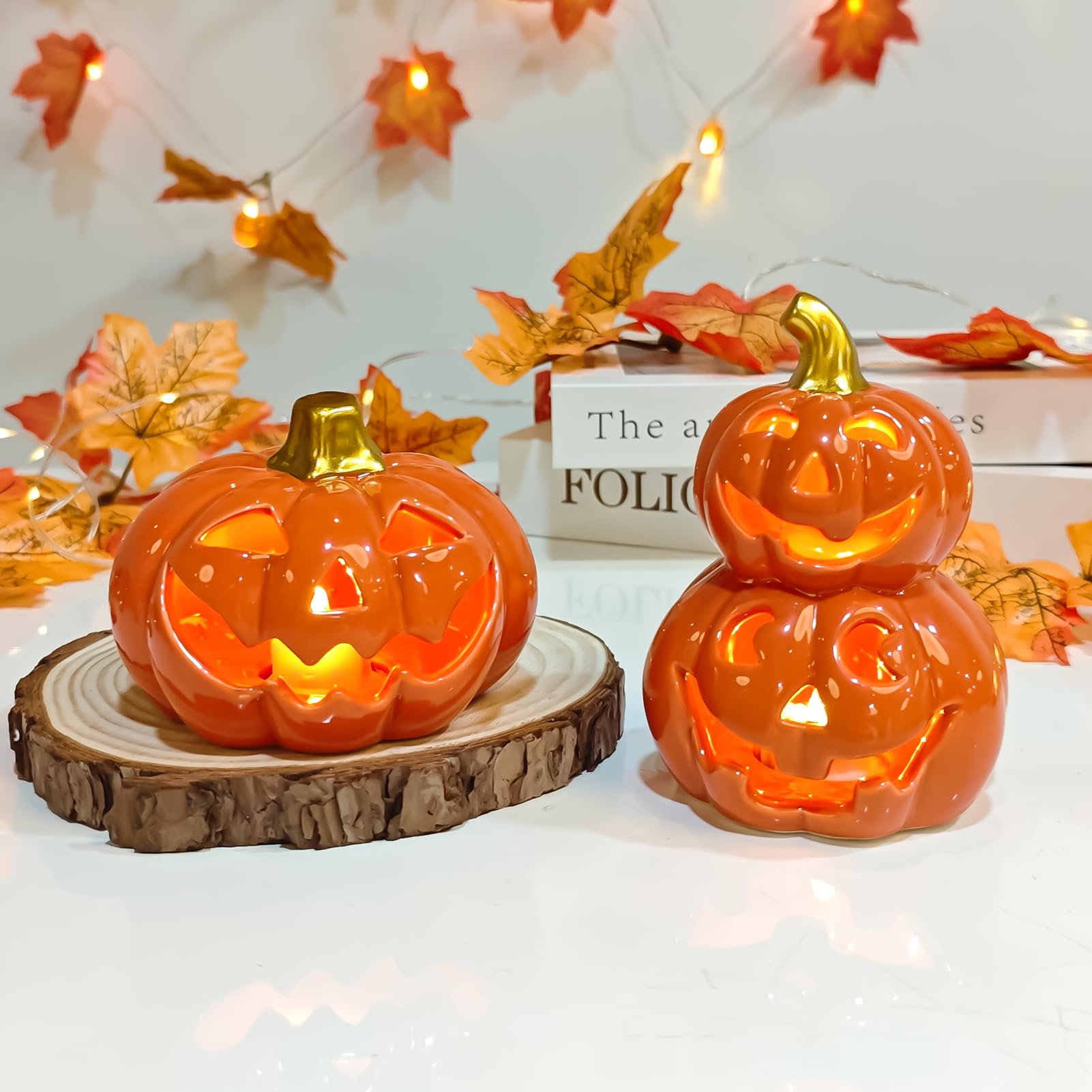 Fantômes LED Avec Citrouille – Déco Halloween En Céramique – Kit 2 Figurines Lumineuses – Ambiance Automne
