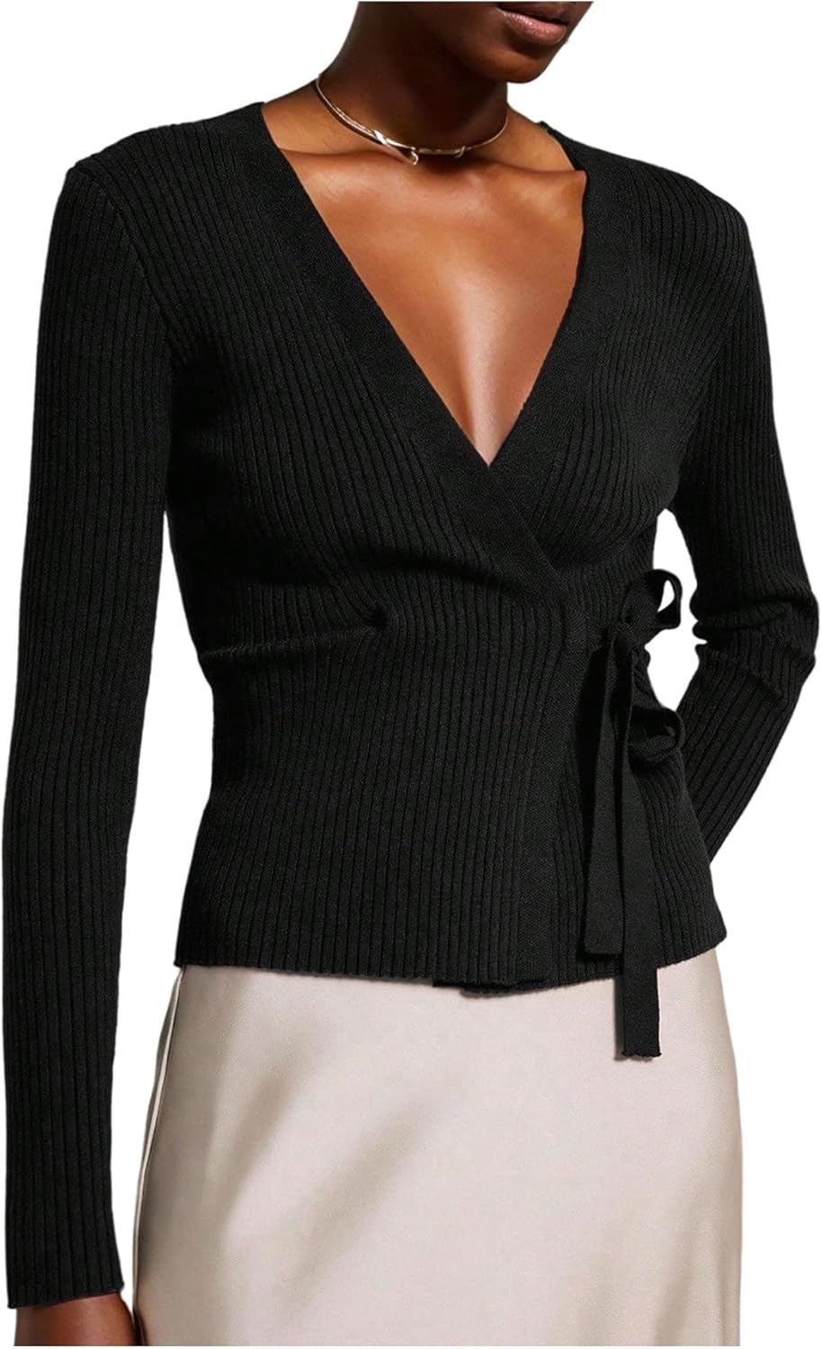 SweatyRocks Women's Wrap V Neck Tie Waist Cardigans Cozy Fitted Ribbed Knit Lightweight Sweater