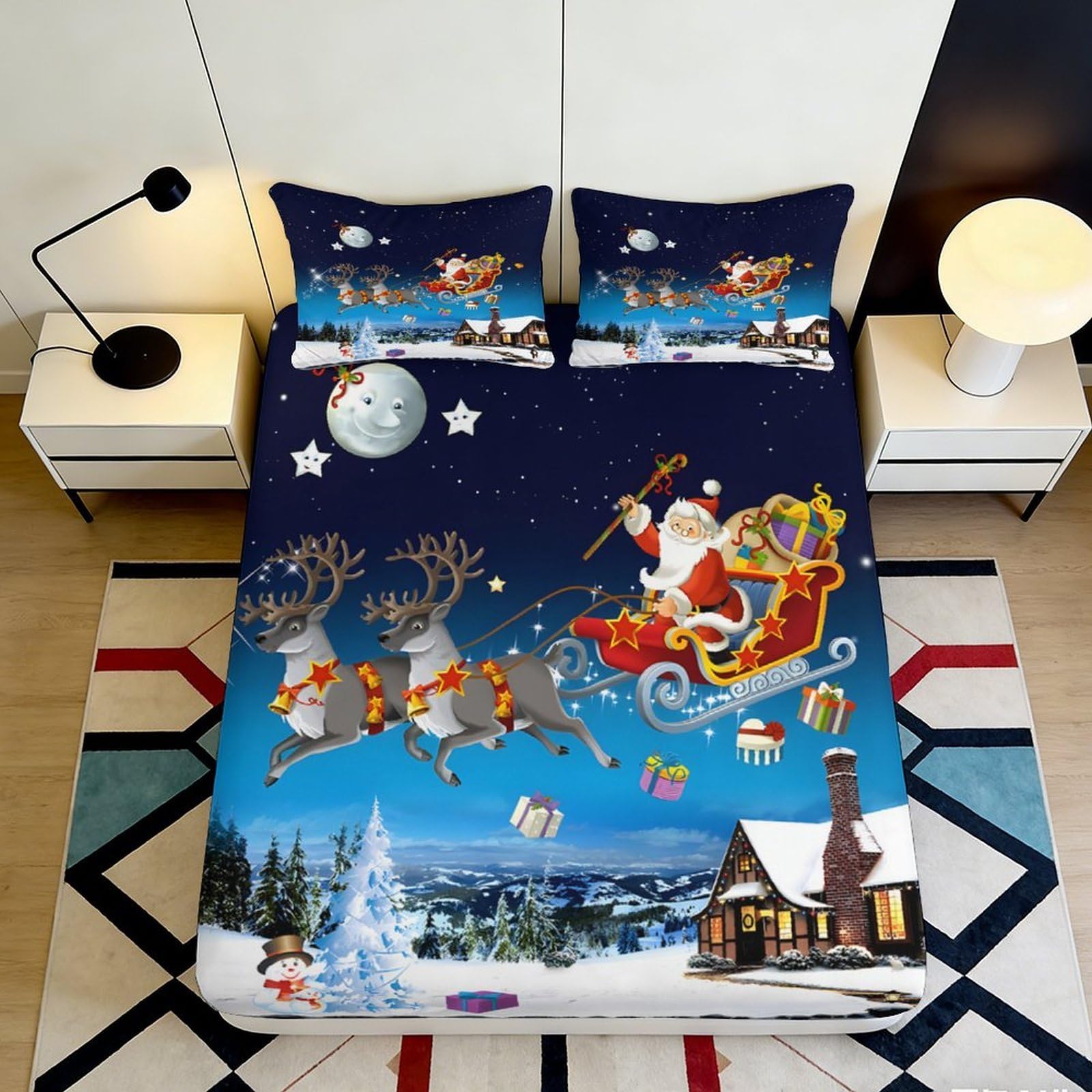 3D Printed Christmas Snow Scene Microfiber Fitted Sheet Non-Slip Deep Pocket Xmas Mattress Fitted Cover Bedroom 140x200x25cm