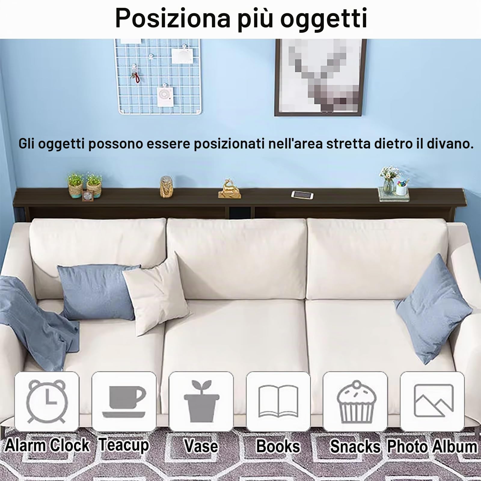 Tavolo consolle sottile dietro il divano, mensola salvaspazio per riporre piccoli oggetti in soggiorno o in ingresso