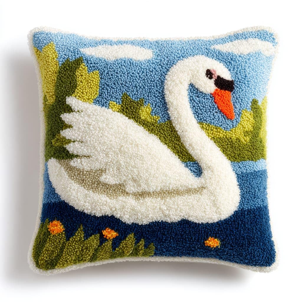 Taxpy DIY Latch Hook Kits, White Swan Pillow Embroidery Carpet Set Needlework Crocheting Cushion Pillow Case Embroidery Set 43x43cm