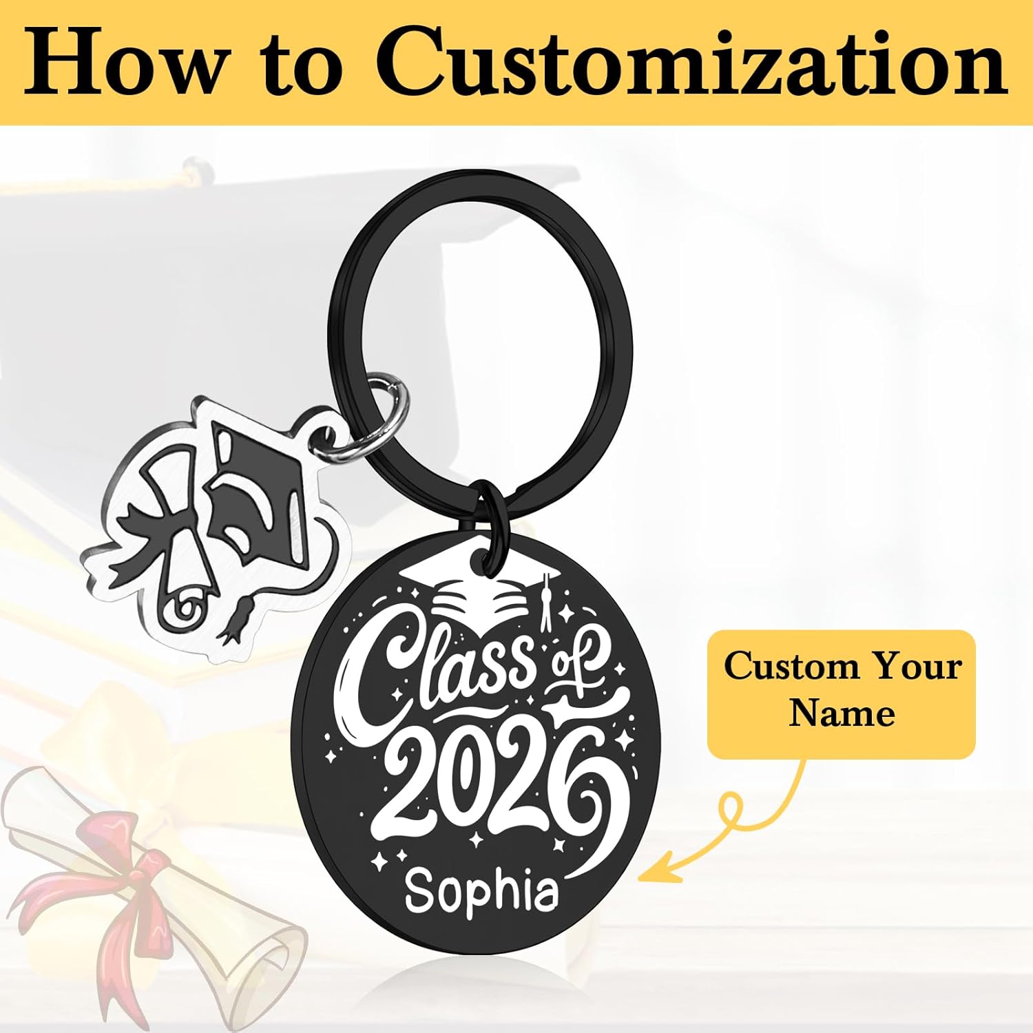 Custom Class of 2026 Graduation Keychain with Name, Graduation Gifts for Her Him, Personalized Graduate Key Chain Bulk, Middle High School College Master Degree Phd Grad Gift for Student Son Daughter - Image 2