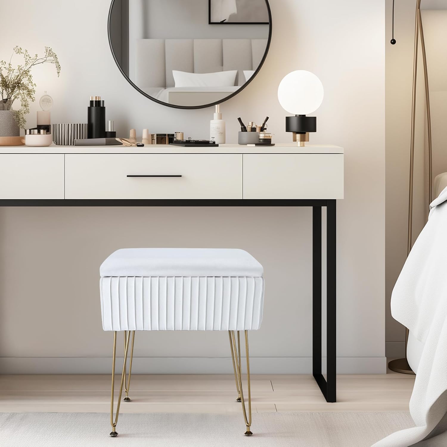 COOLBEBE Vanity Stool Chair with Storage, 2 Pack Rectangular Footrest Footstool Ottoman with Metal Legs & Anti-Slip Feet, Soft Velvet Makeup Vanity Chair Storage Ottoman for Bedroom Living Room(White)