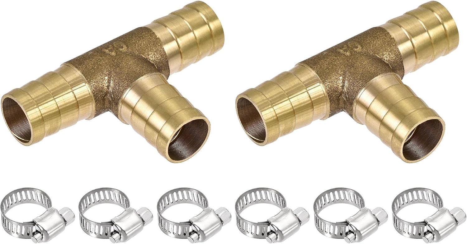 uxcell Barb Hose Fitting 12mm OD Tee T Shape Pipe Connector Brass 2Pcs with 6Pcs 9-16mm Hose Clamps