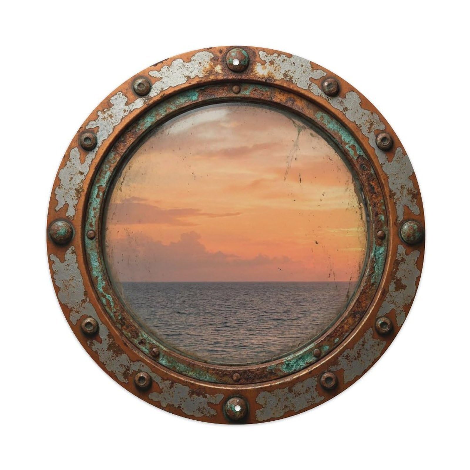 Vintage Porthole Cantaloupe Sunset Nautical Window View Vintage Metal Tin Sign Plaque Wall Decor for Cafe, Club Bar, Office, Garden Metal Poster 8x8Inch