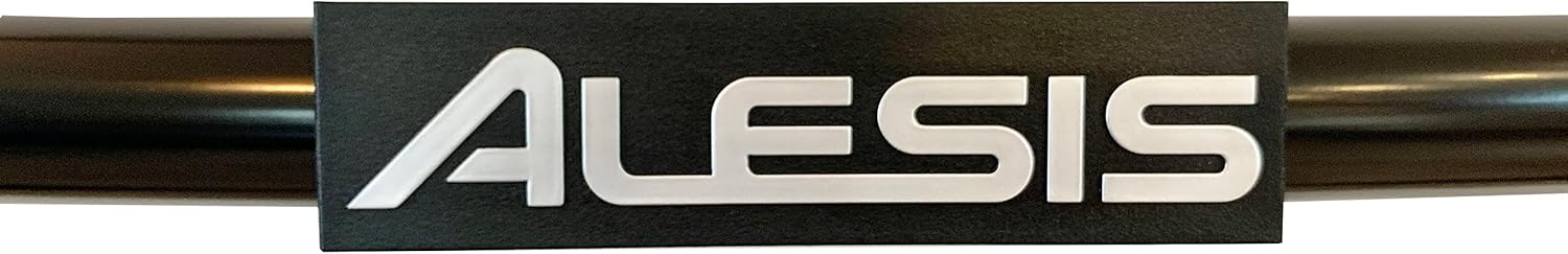 Close-up of Alesis logo on drum rack
