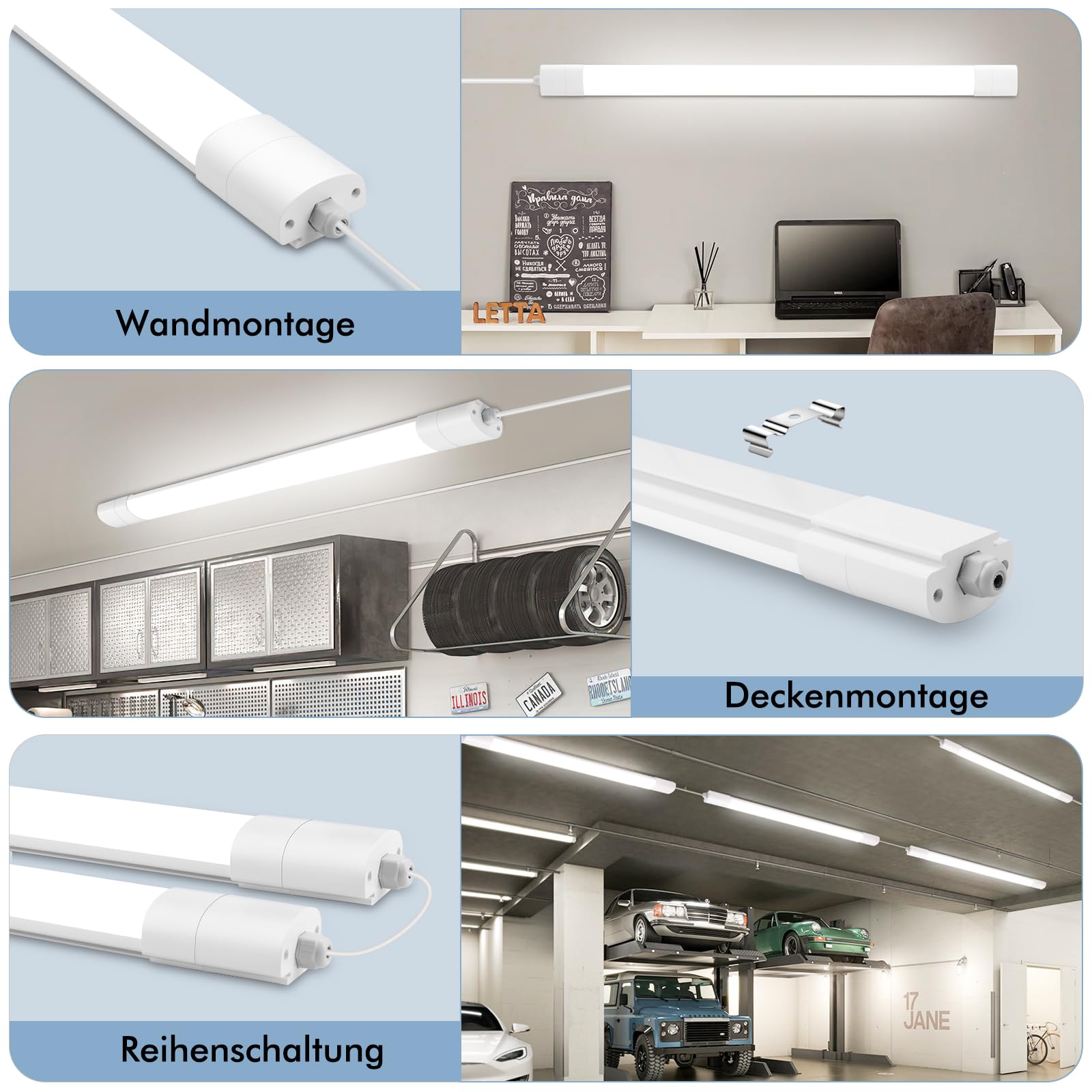 4 Stück LED Feuchtraumleuchte 120CM, 36W 4200LM Kellerlampe LED Feuchtraumlampe mit 4000K Neutralweiß, Deckenleuchte Flach Wannenleuchte Wasserfest IP65 Werkstattlampe für Büro Keller Garage Lager