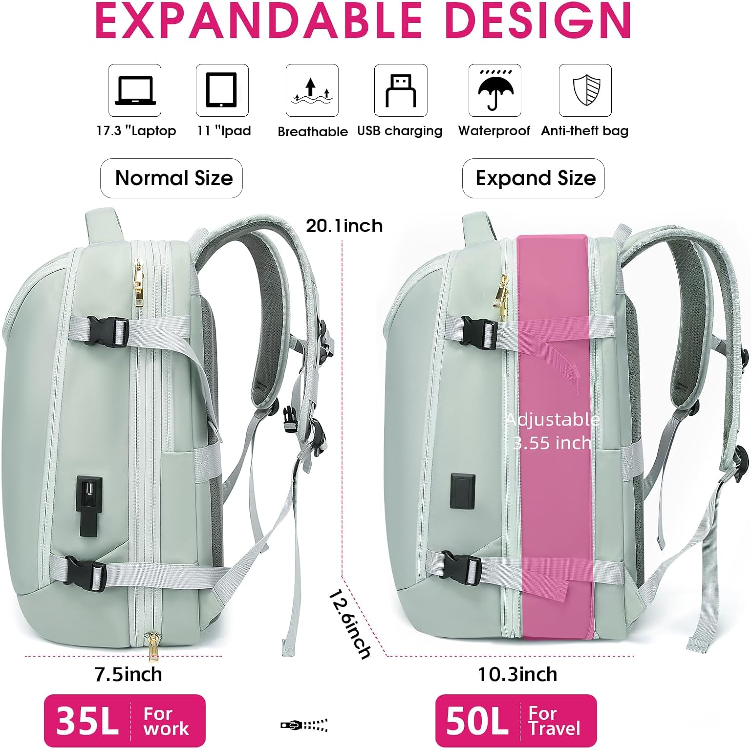 TANGCORLE Travel Backpack for Women, 50L Extra Large Capacity Backpack with USB Charging Port, Expandable 17.3 inch Laptop Backpack Mochila Flight Approved, Casual Daypack for Weekender,Green