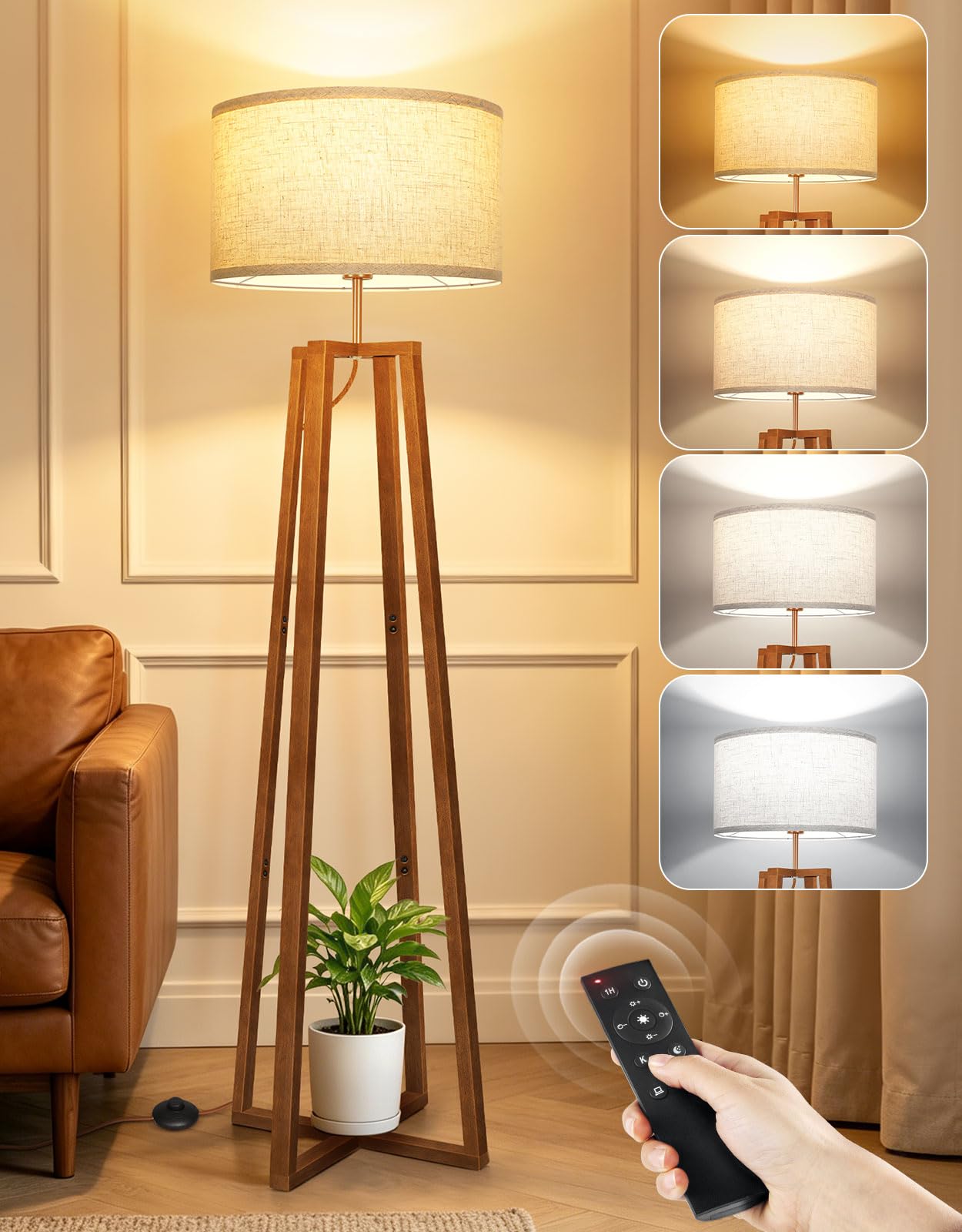 OUTON Lámpara de Pie Trípode de Madera con Mando a Distancia y Regulación | LED 1100 lm, Color Regulable, Lino, Función Memoria, Temporizador de 1 Hora