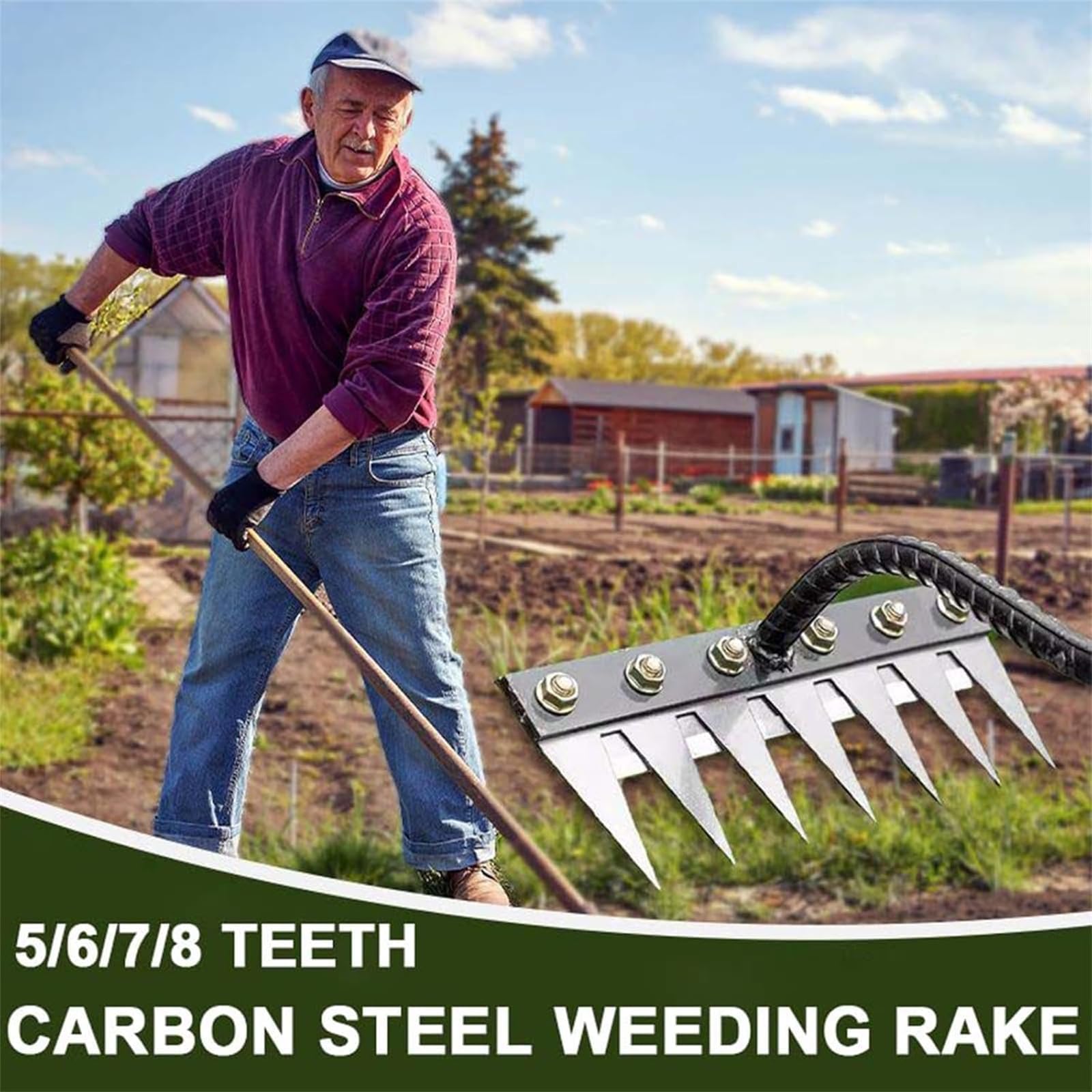 Rastrello da giardino in acciaio al carbonio, rastrello in ferro per giardinaggio e diserbo, denti in acciaio al carbonio, rastrelli per diserbo da giardino, per diserbo da giardino (7 denti)