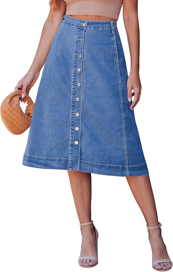 luvamia Jean Skirts for Women Trendy Midi Length A Line Western Casual Button Down Stretchy Denim Skirt with Pockets