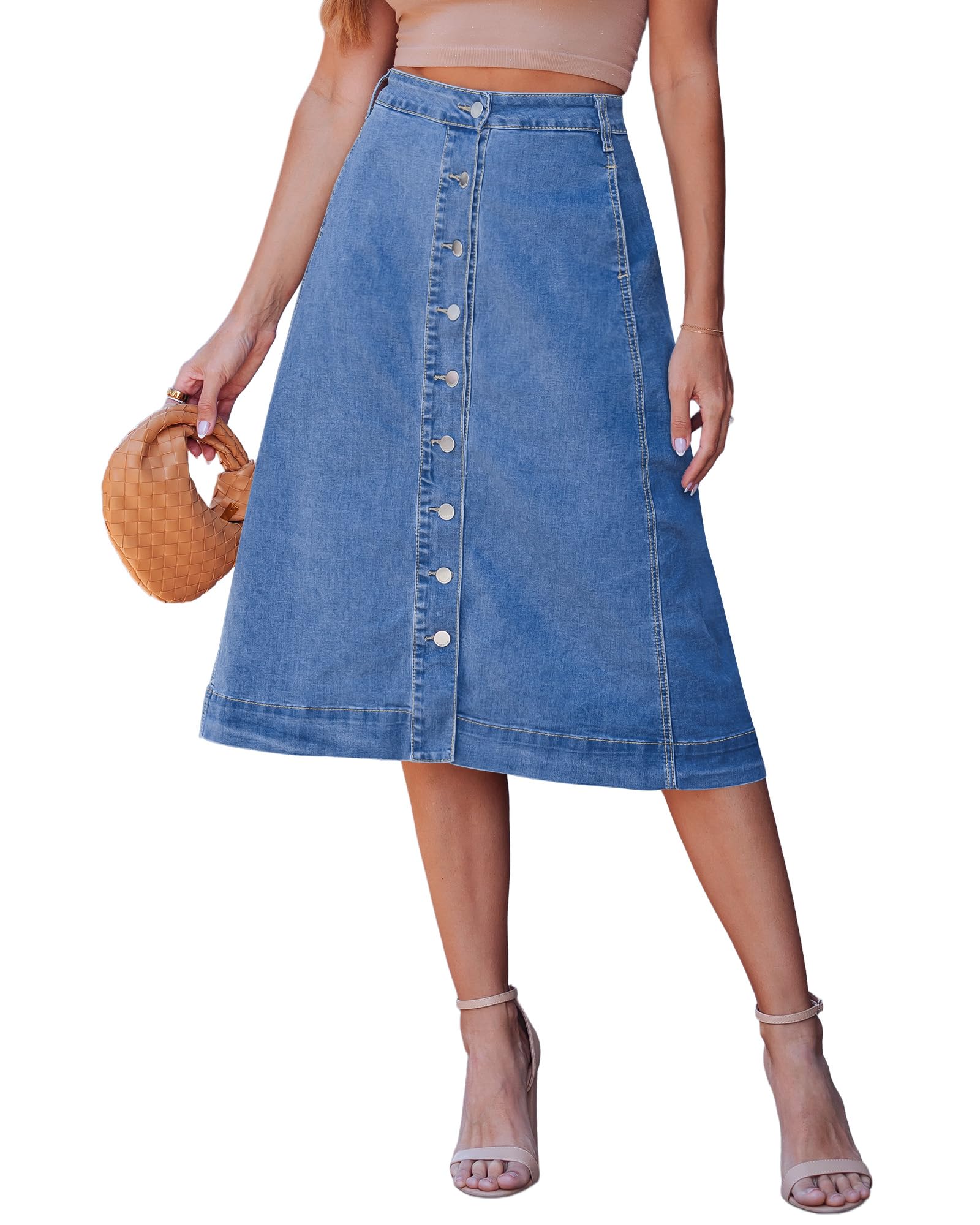 luvamia Jean Skirts for Women Trendy Midi Length A Line Western Casual Button Down Stretchy Denim Skirt with